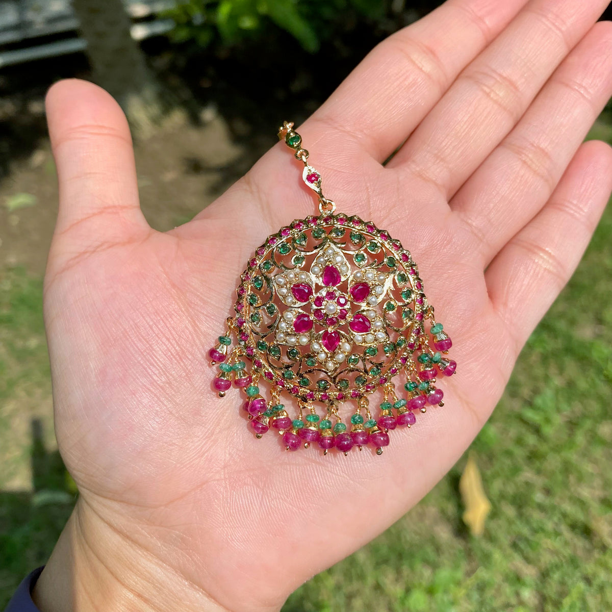 Multicolored Jadau Maang Teeka for Women | Gold Plated on Sterling Silver TK 109