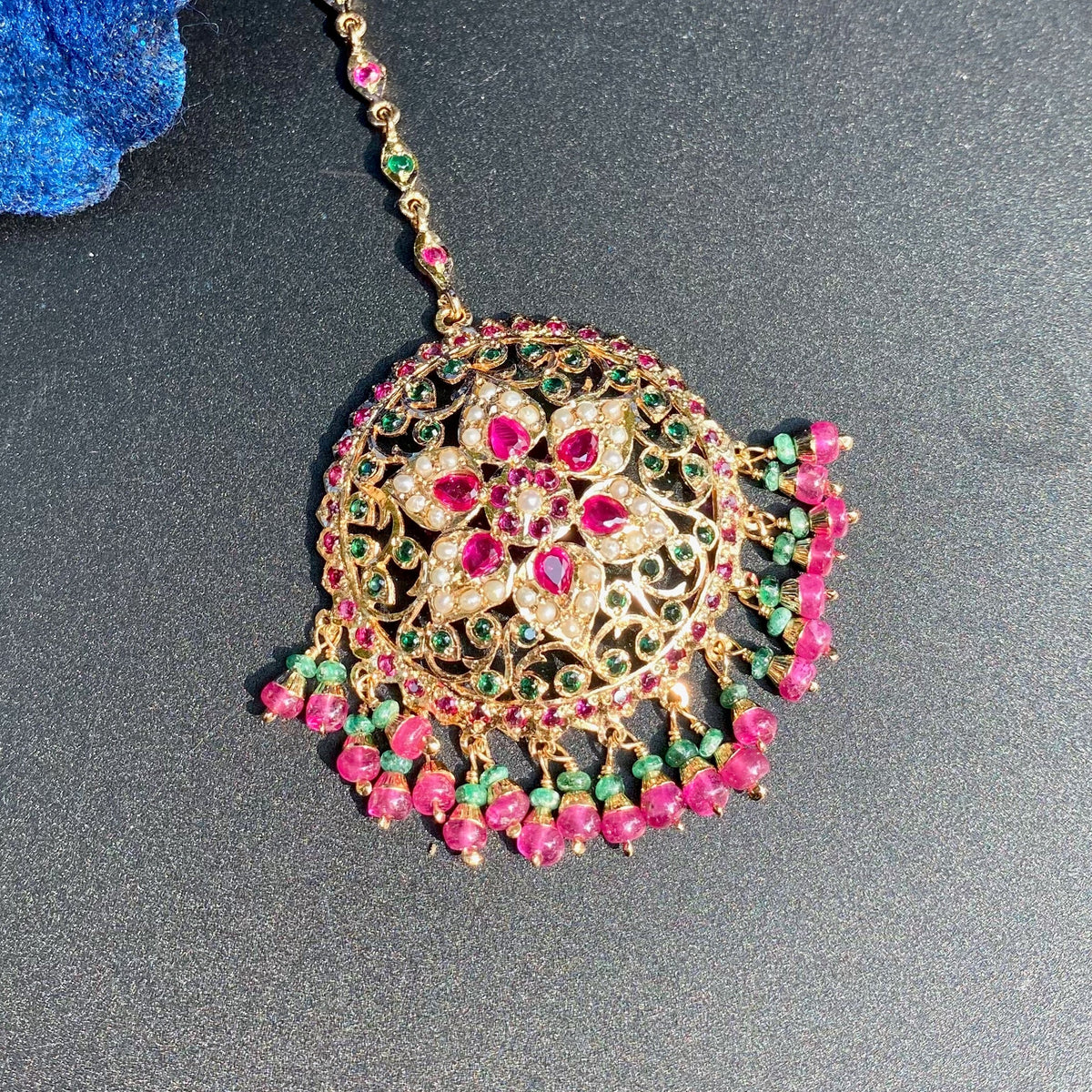 Multicolored Jadau Maang Teeka for Women | Gold Plated on Sterling Silver TK 109