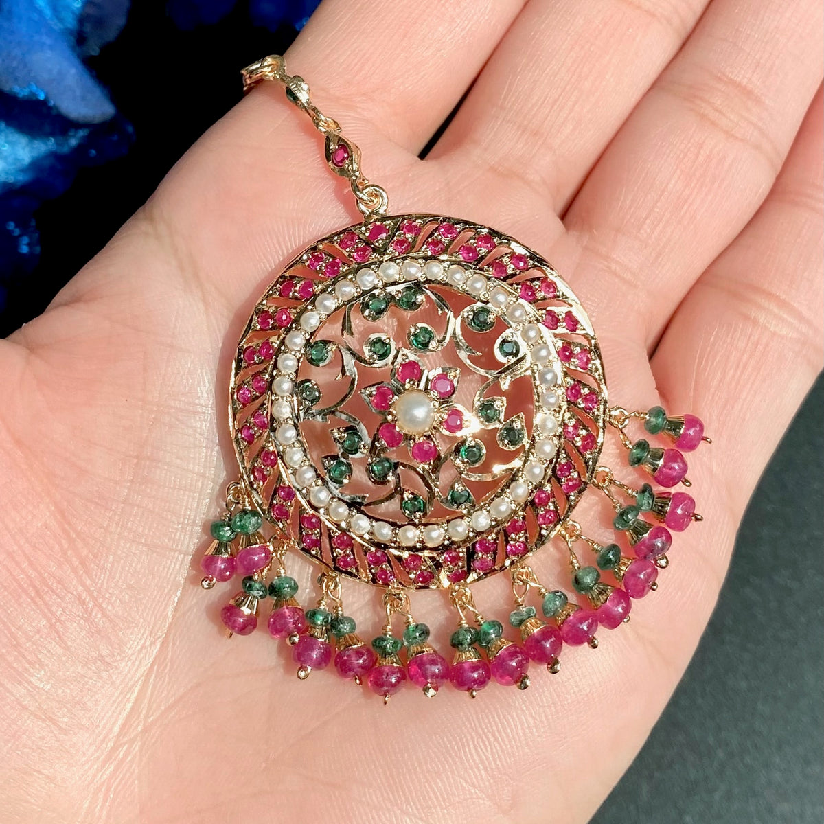 Multicolored Round Jadau Maang Tikka in Gold-Plated 925 Silver TK 110
