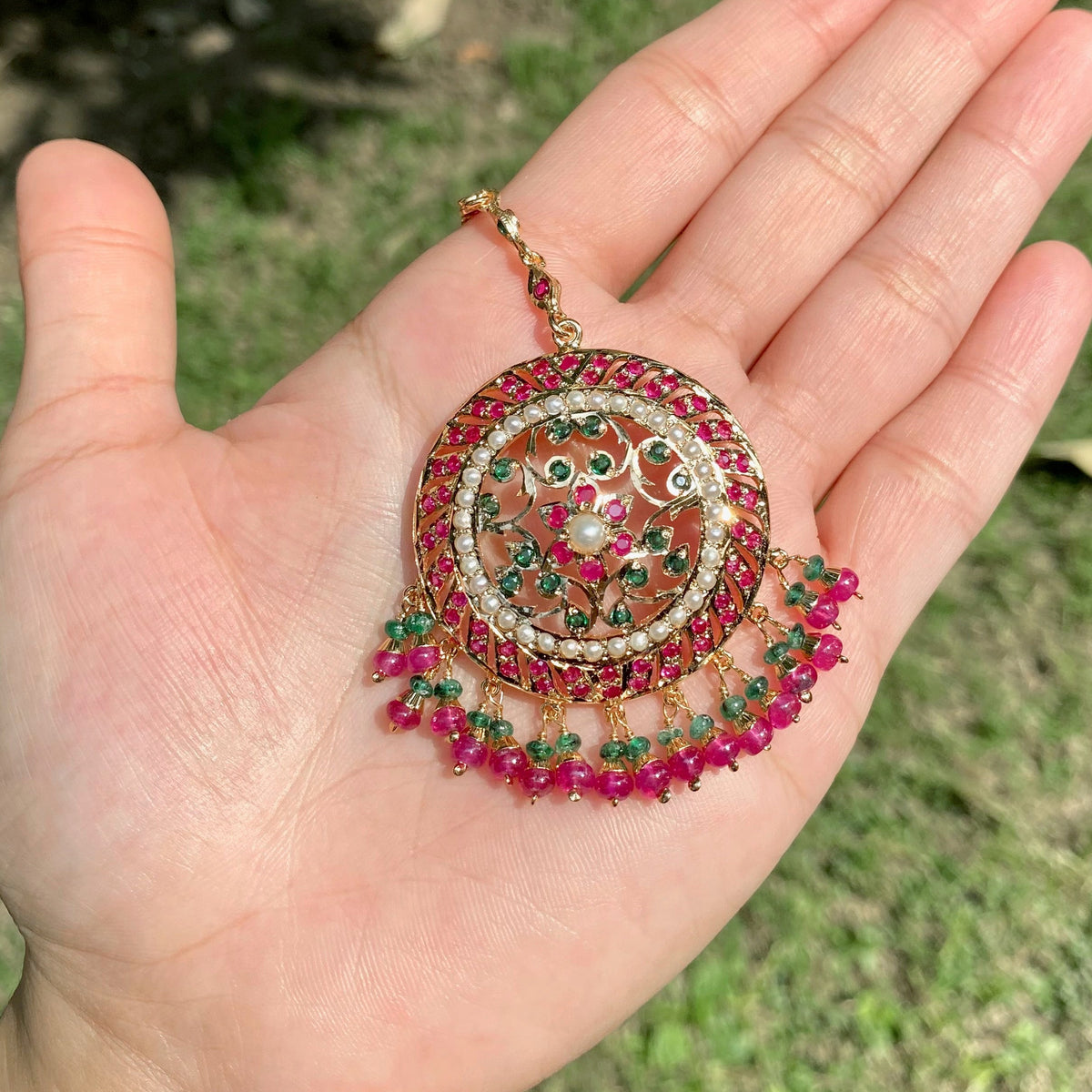 Multicolored Round Jadau Maang Tikka in Gold-Plated 925 Silver TK 110