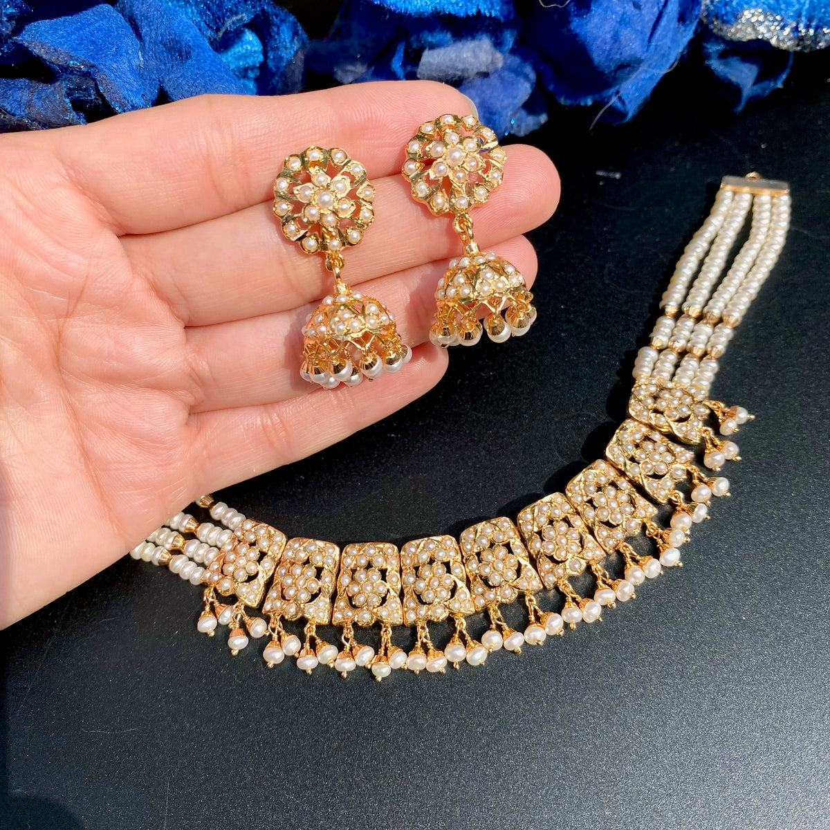 Pearl Jadau Choker Set with Jhumka Earrings in Gold-Plated 925 Silver NS 502
