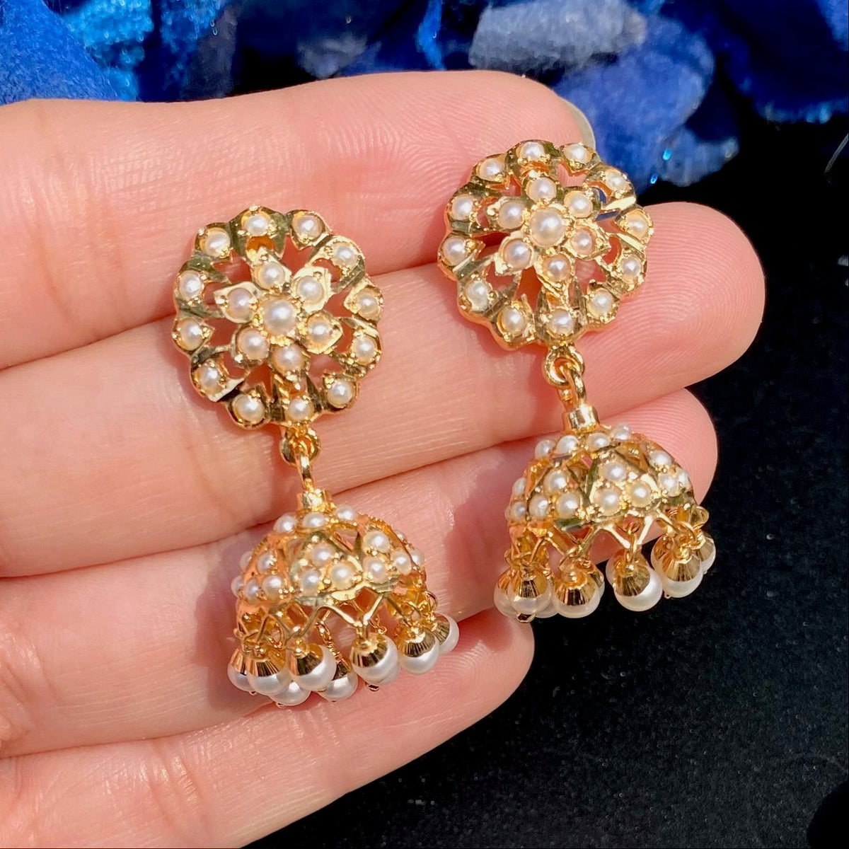 Jadau Jhumki Studded with Pearls | Gold Plated on Silver Base ER 824
