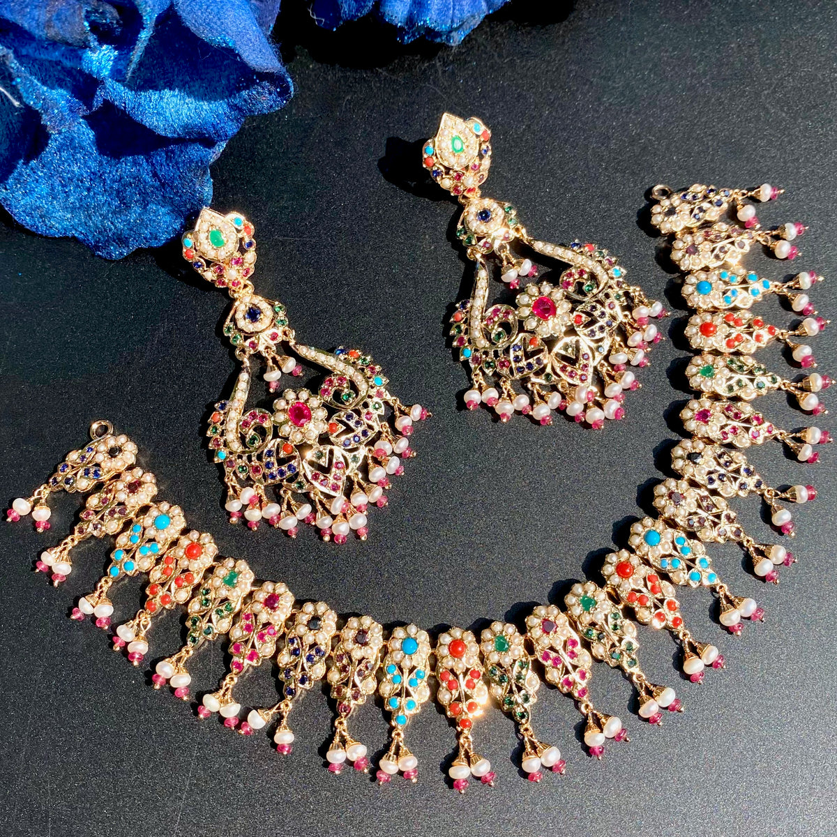 Exquisite Jadau Navratna Set with Statement Earrings | Gold Plated on 925 Silver NS 500