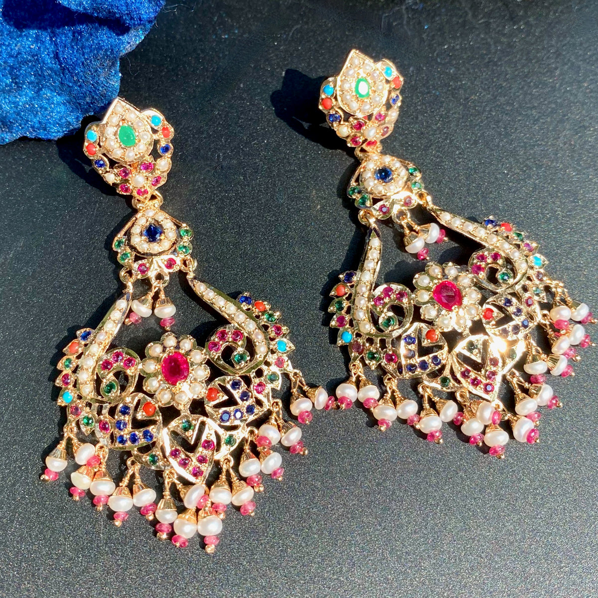 Exquisite Jadau Navratna Set with Statement Earrings | Gold Plated on 925 Silver NS 500