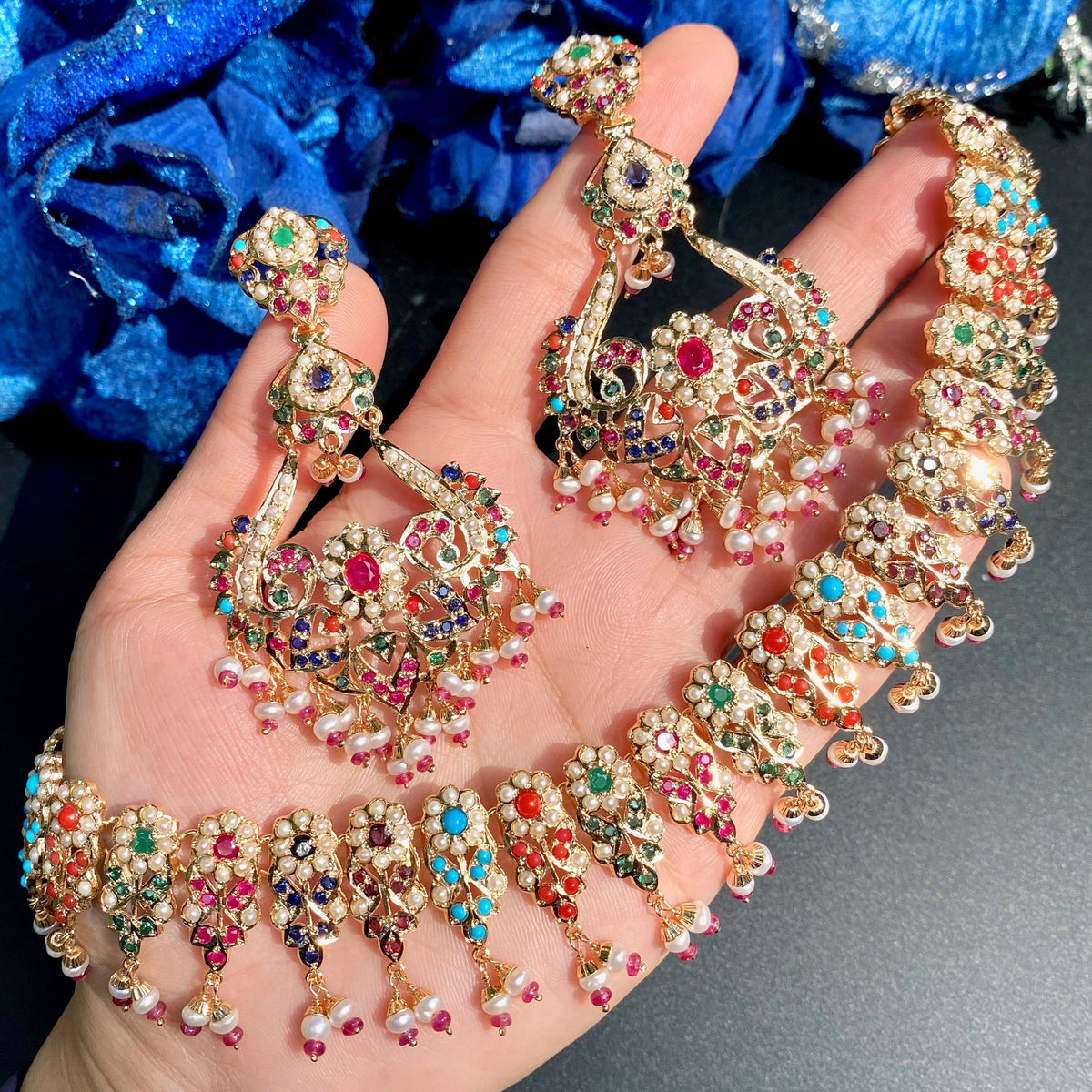 Exquisite Jadau Navratna Set with Statement Earrings | Gold Plated on 925 Silver NS 500