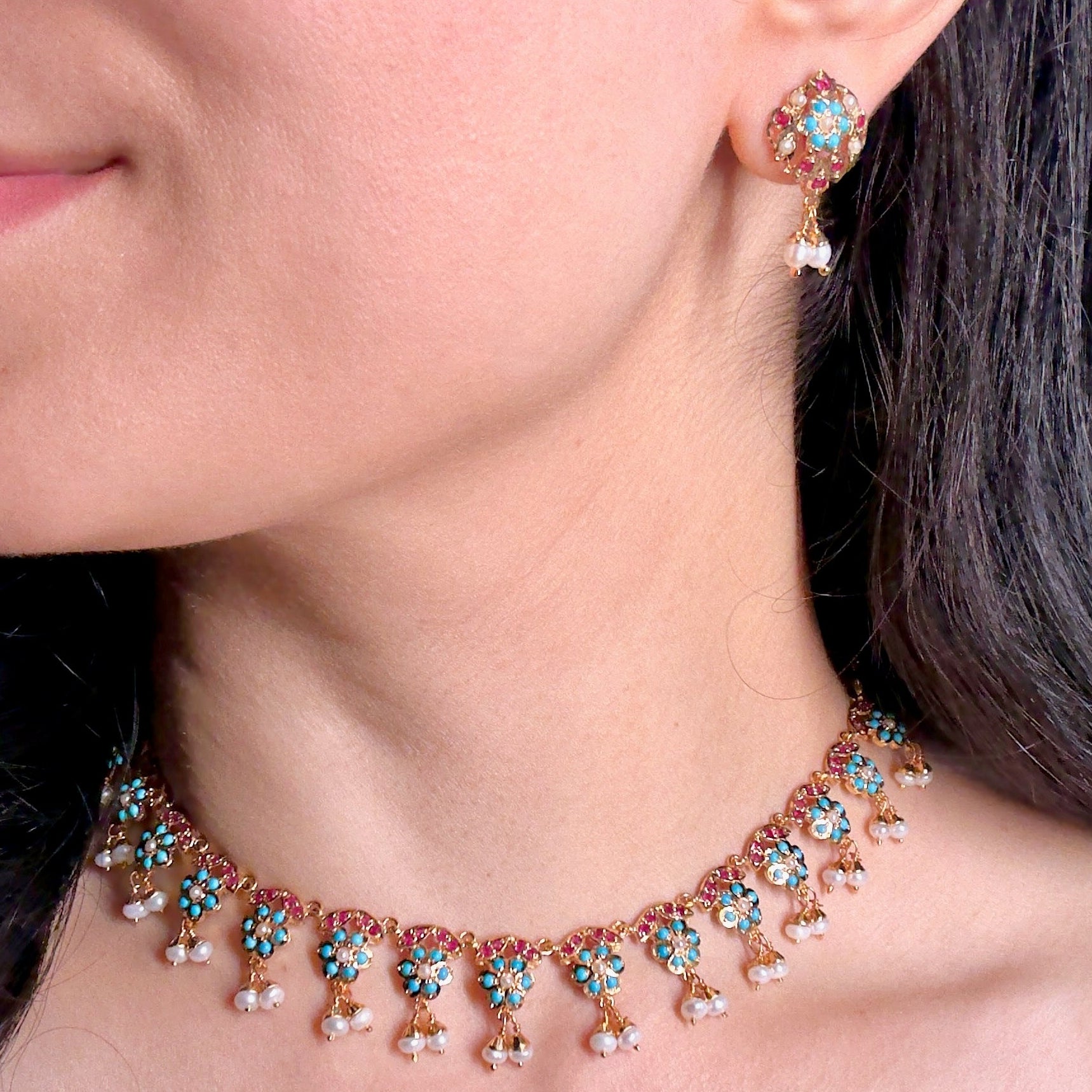 Dainty Jadau Necklace Set | Gold Plated on Silver NS 373