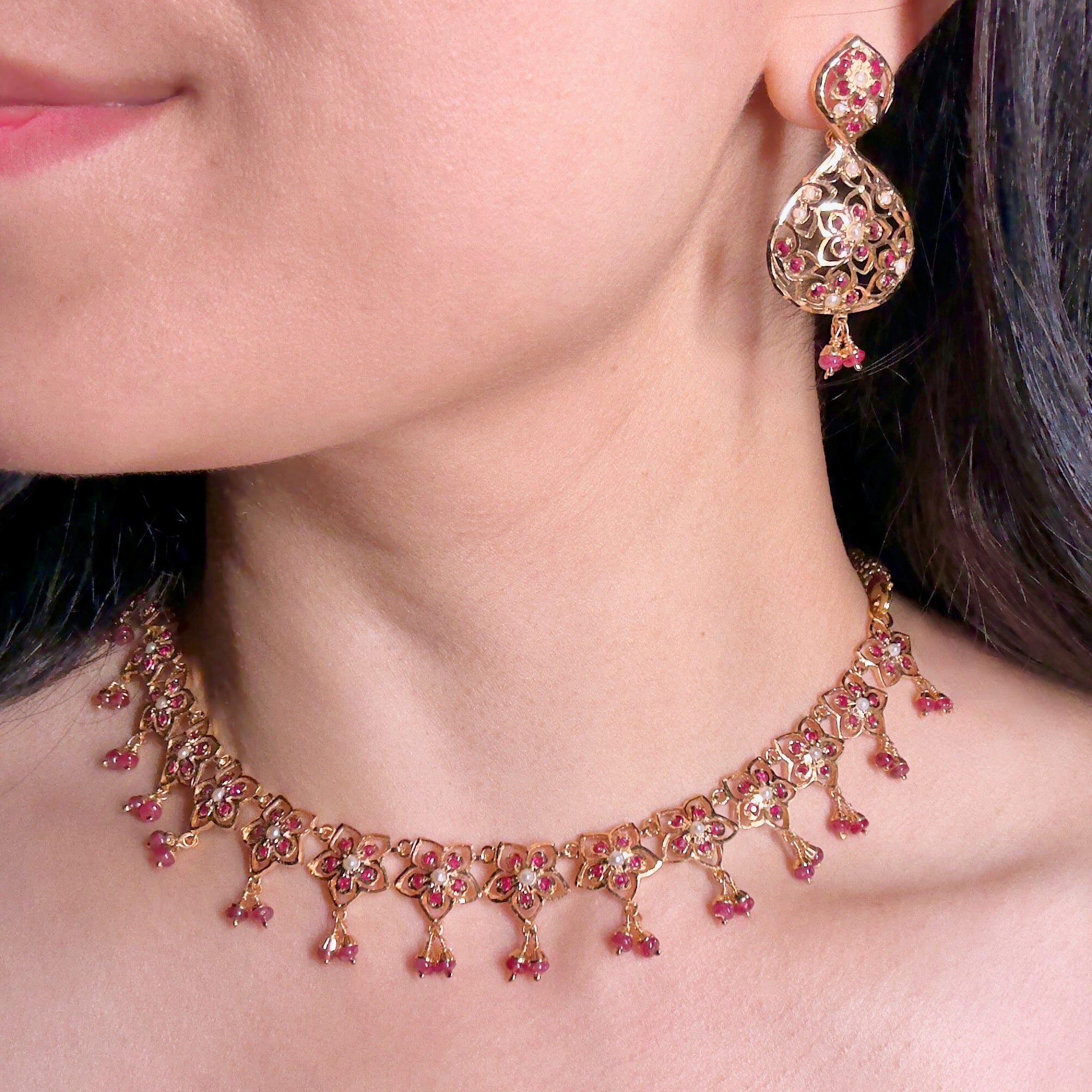 Modern Jadau Necklace Set | Ruby Red Stones & Pearls Studded NS 362