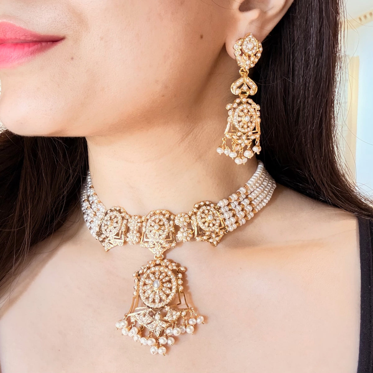 NS 516 pearl choker and long drop earring shown worn, with a floral pendant and dangling pearl fringe