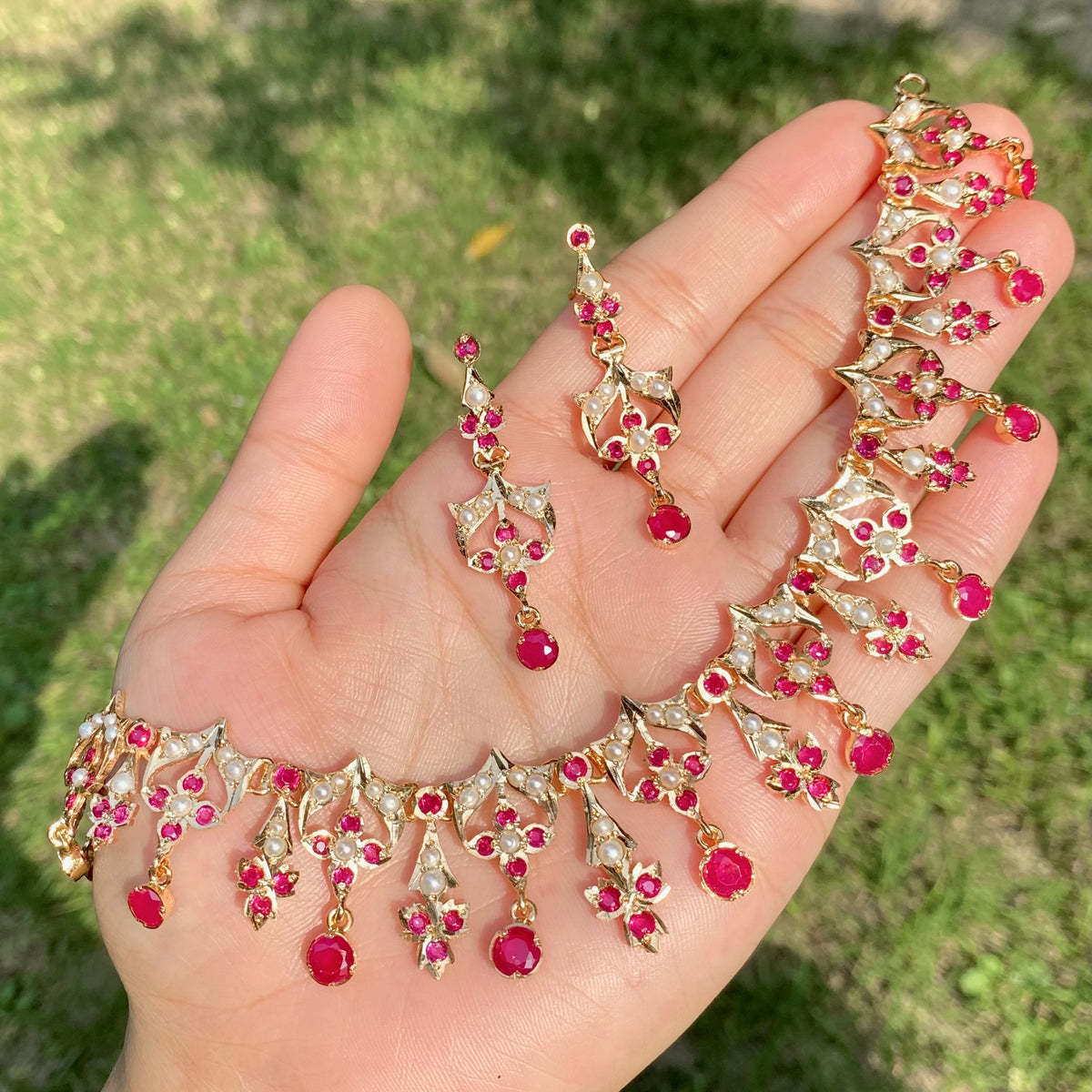 Antique-Inspired Ruby & Pearl Jadau Necklace Set in Gold-Plated 925 Silver NS 503