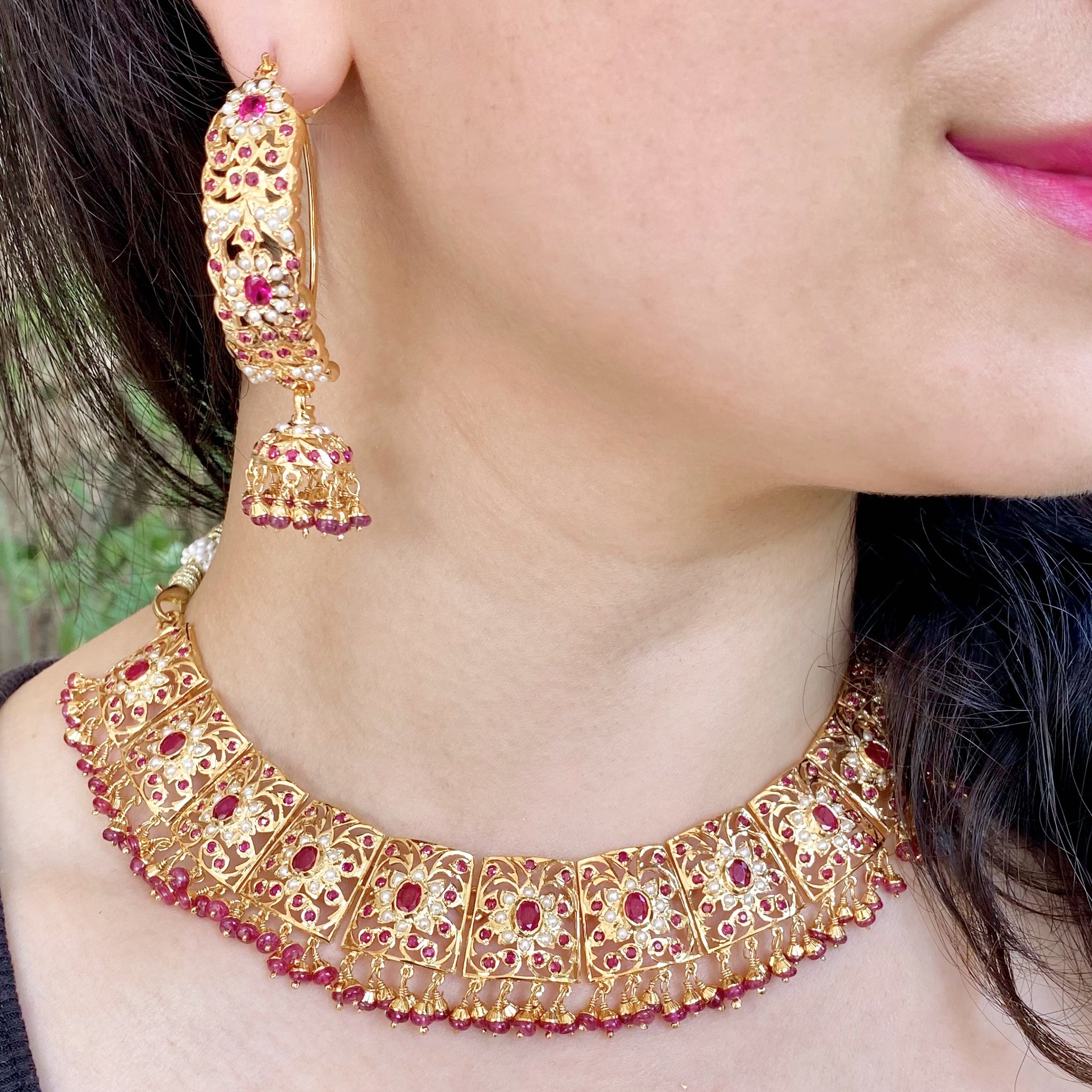 jadau ruby necklace with jhumkas