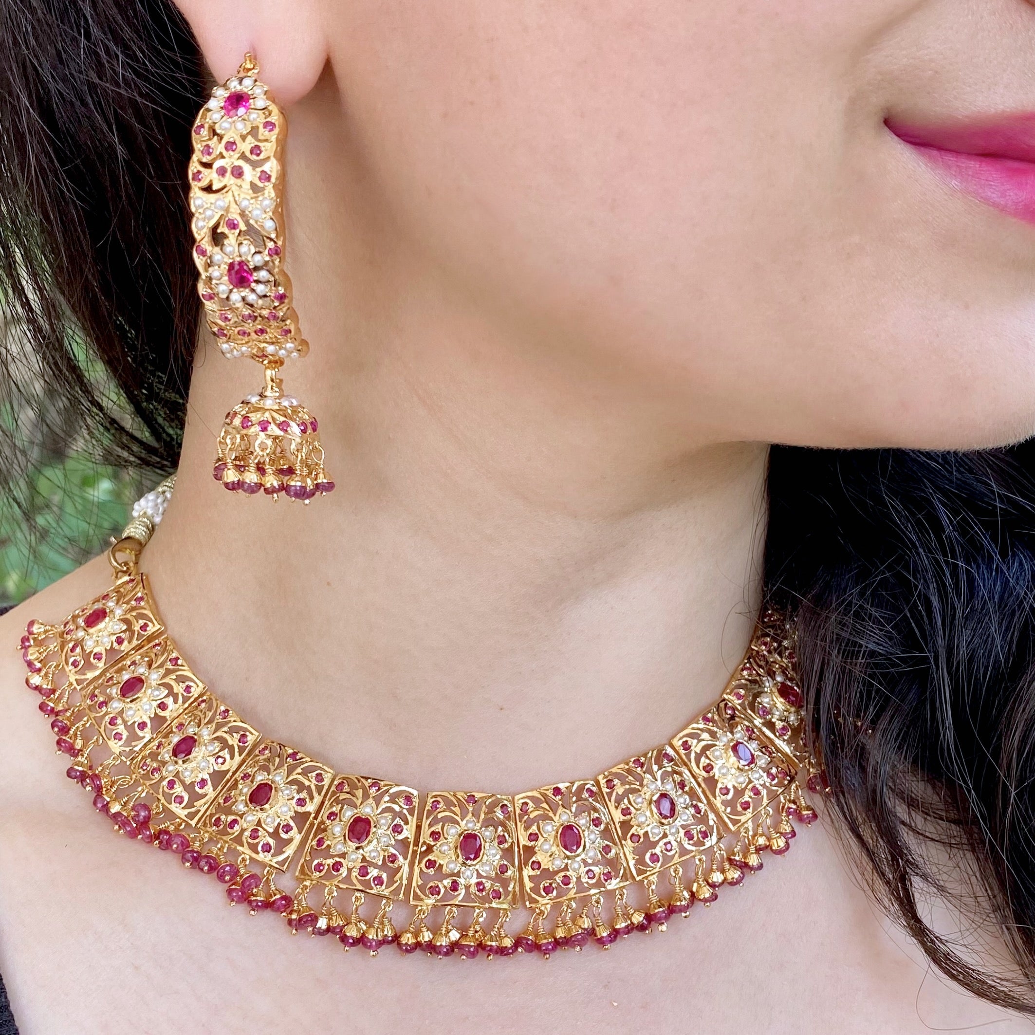 jadau ruby necklace with jhumkas
