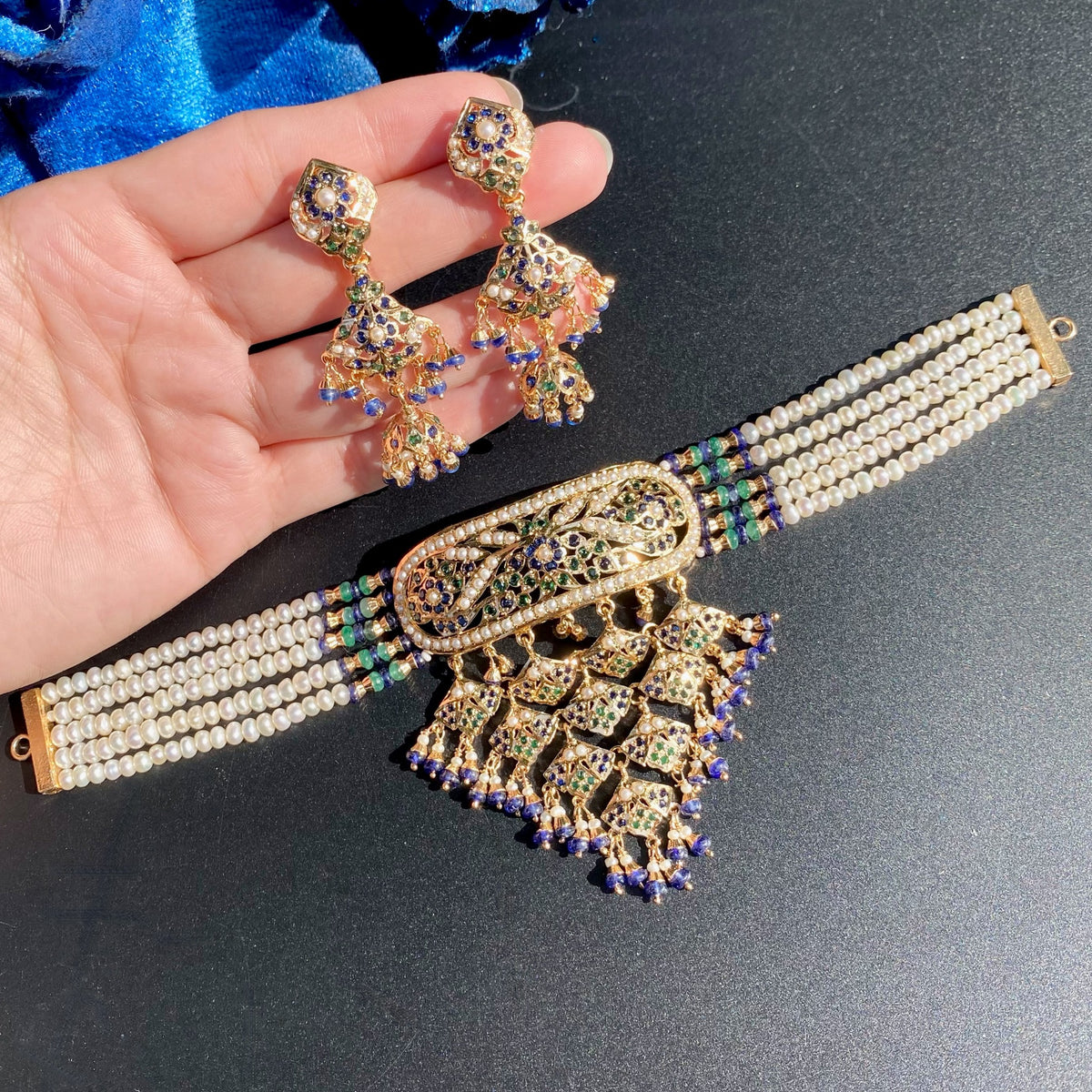 NS 512 complete blue and green pearl choker set with a floral centre, cascading lattice pendant and matching jhumka earrings