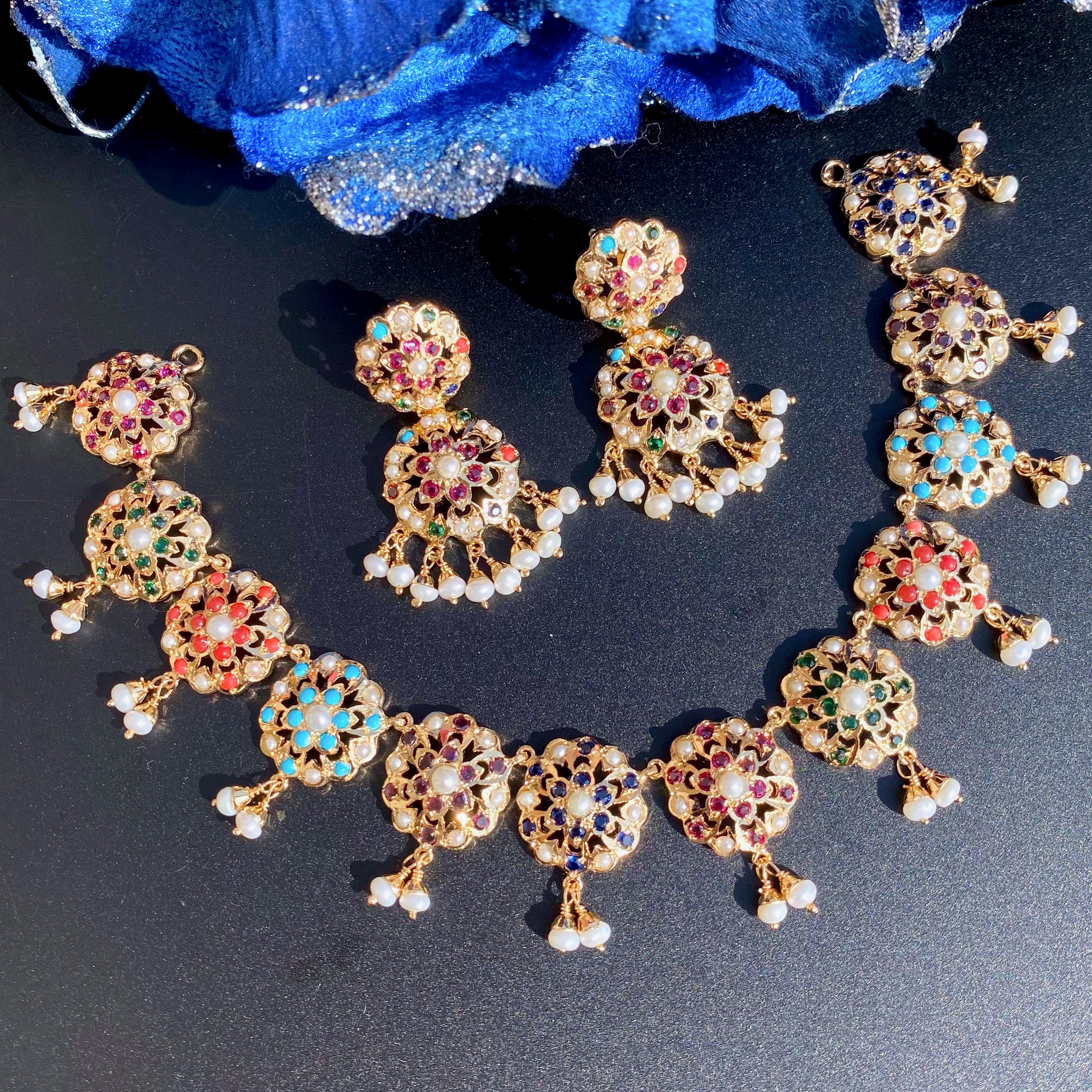 Cute Navratan Necklace Set | 925 Silver Gold Plated NS 372