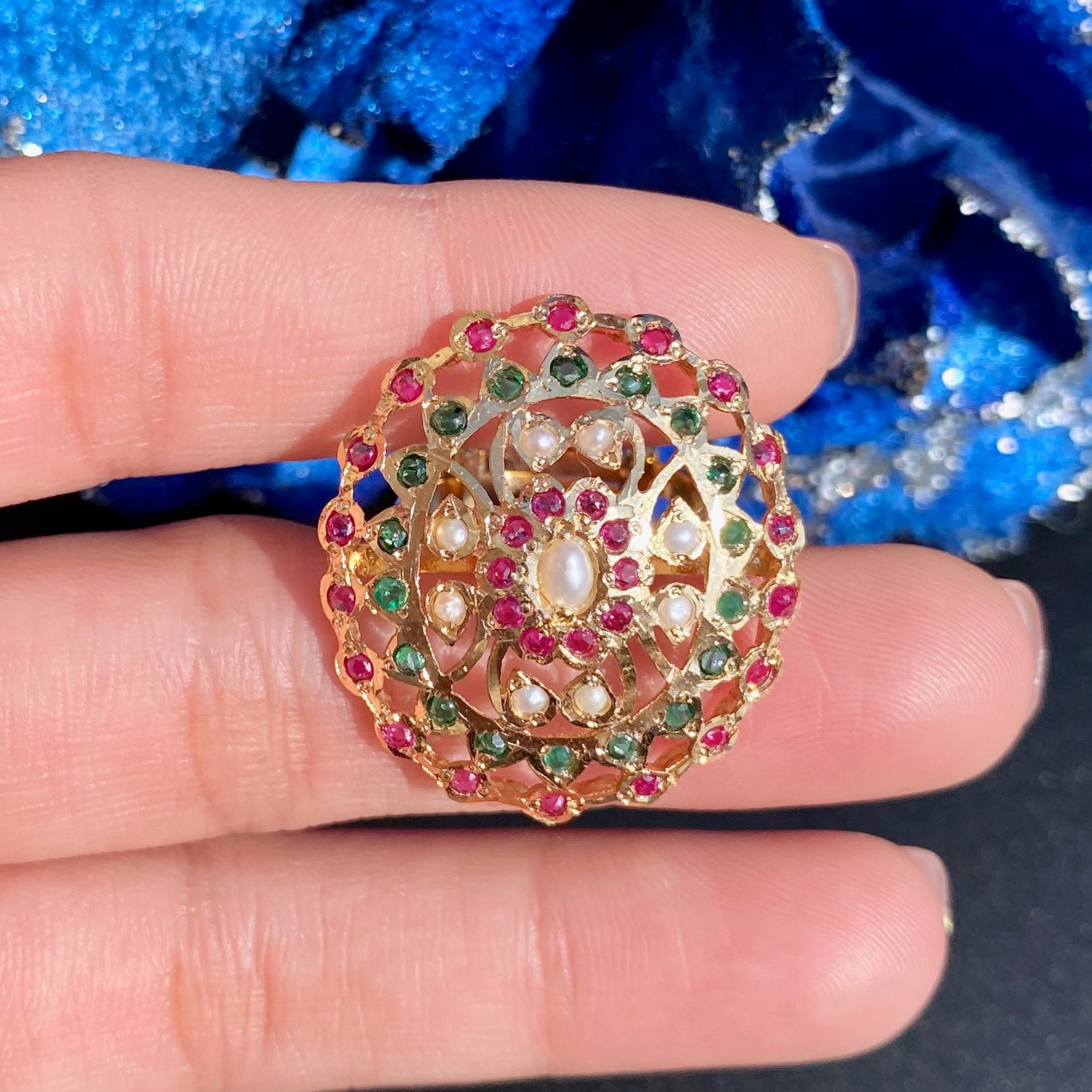 Ruby Emerald Pearl Jadau Ring | 925 Silver Gold Plated LR 065