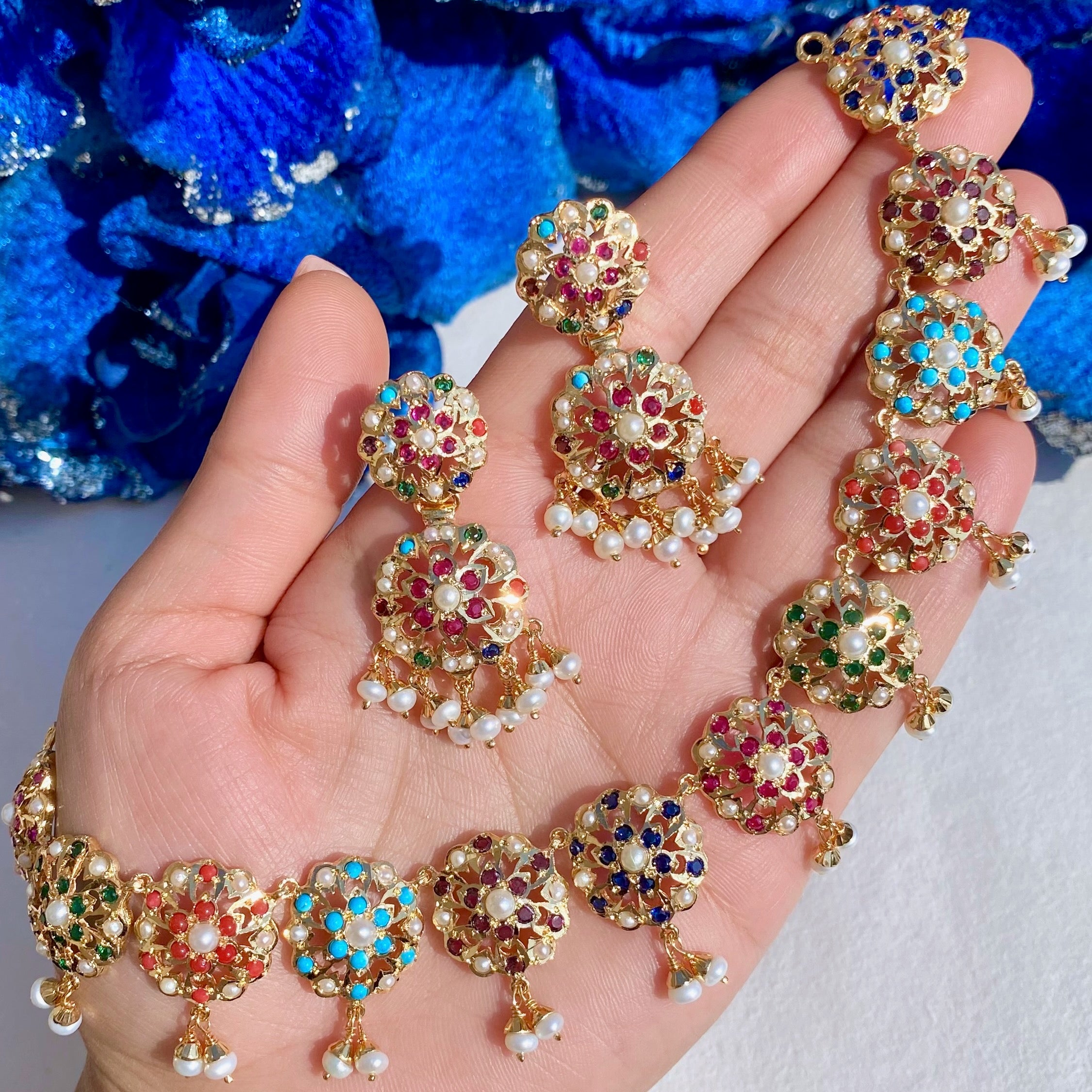 Cute Navratan Necklace Set | 925 Silver Gold Plated NS 372