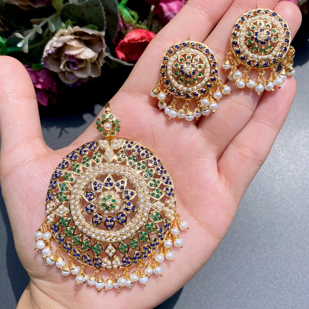 rajasthani pendant set design in gold plated silver