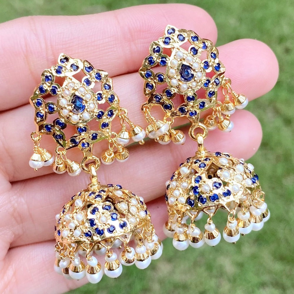pearl neelam jadau jhumka in gold plated silver