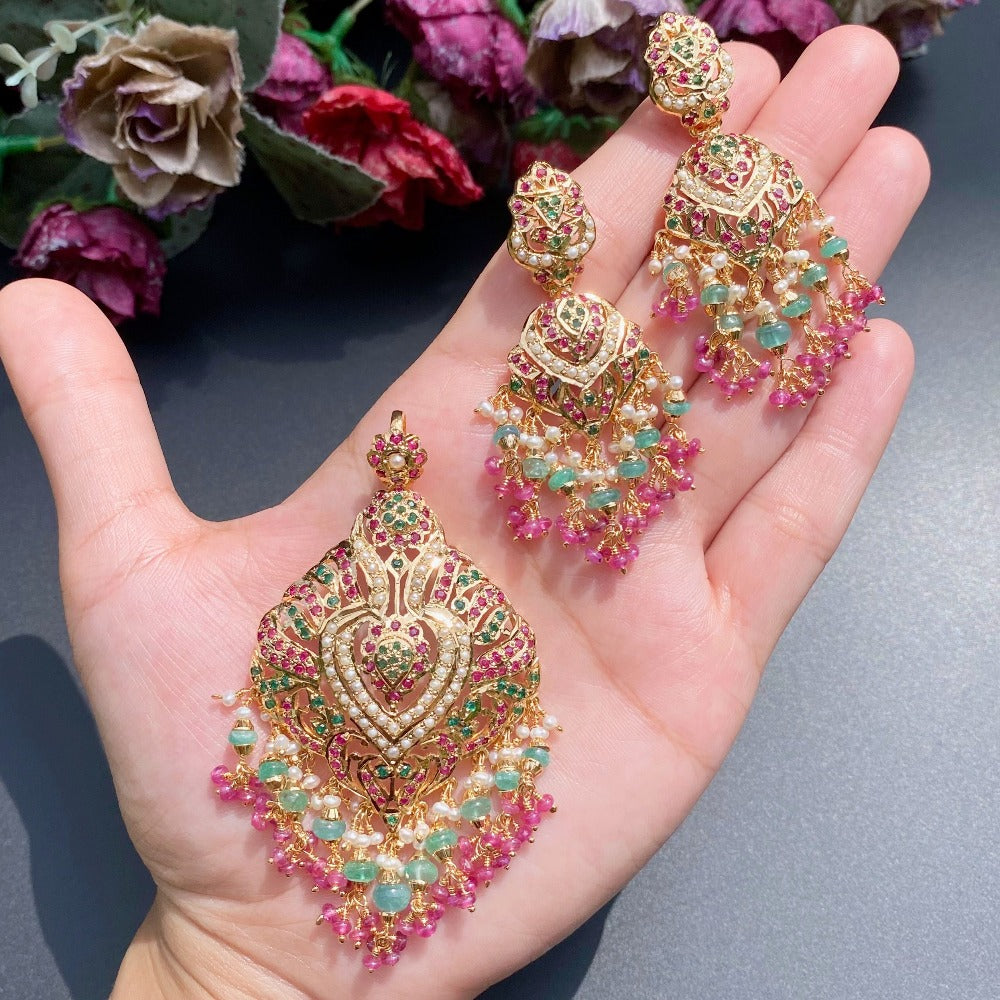 Gold Plated Pendant & Earrings Set Multicolored Stones