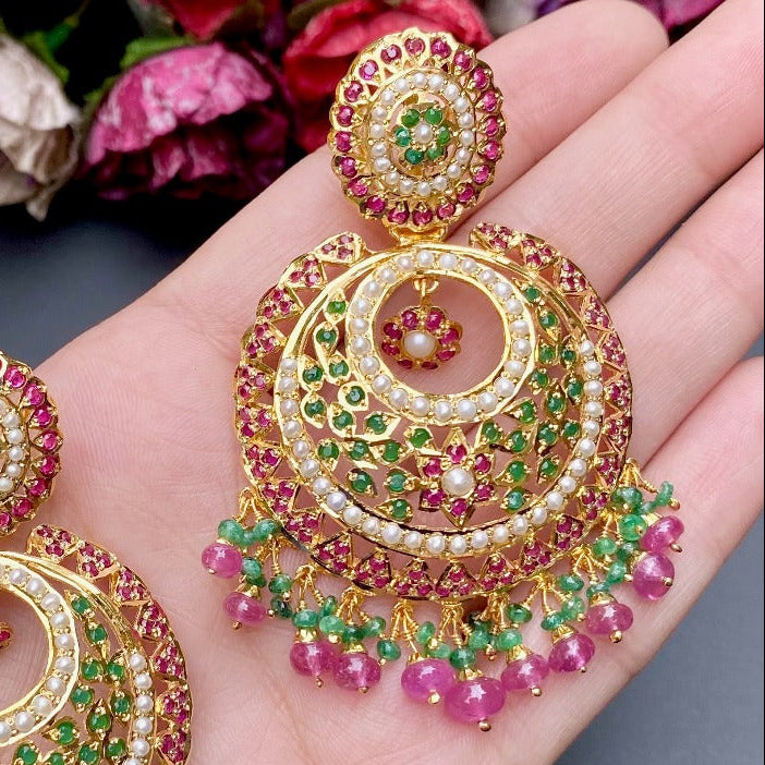 Big Punjabi Chandbali Earrings | Ruby Emerald Combination | 925 Silver Gold Plated ER 193