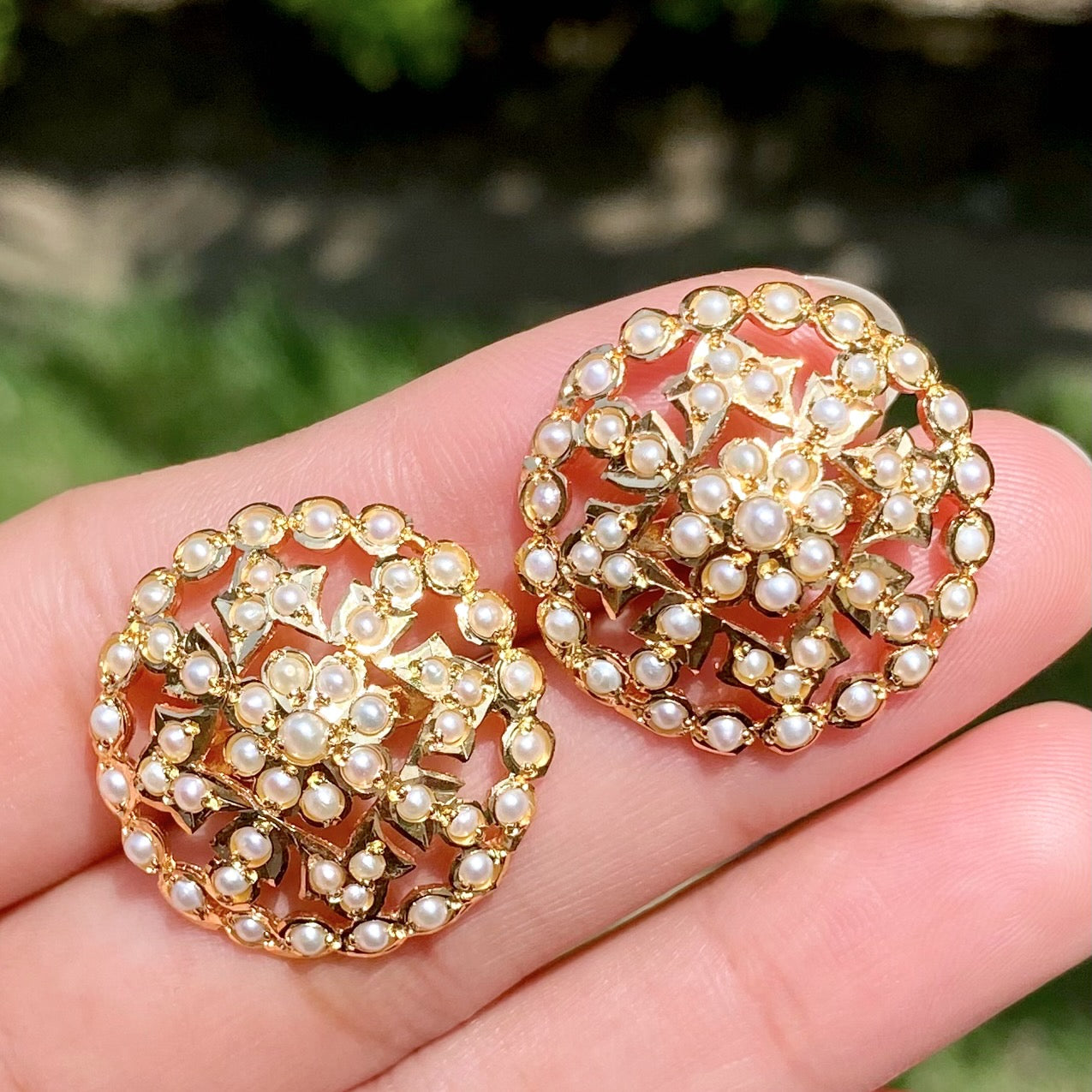gold plated pearl stud earrings indo western design round shape