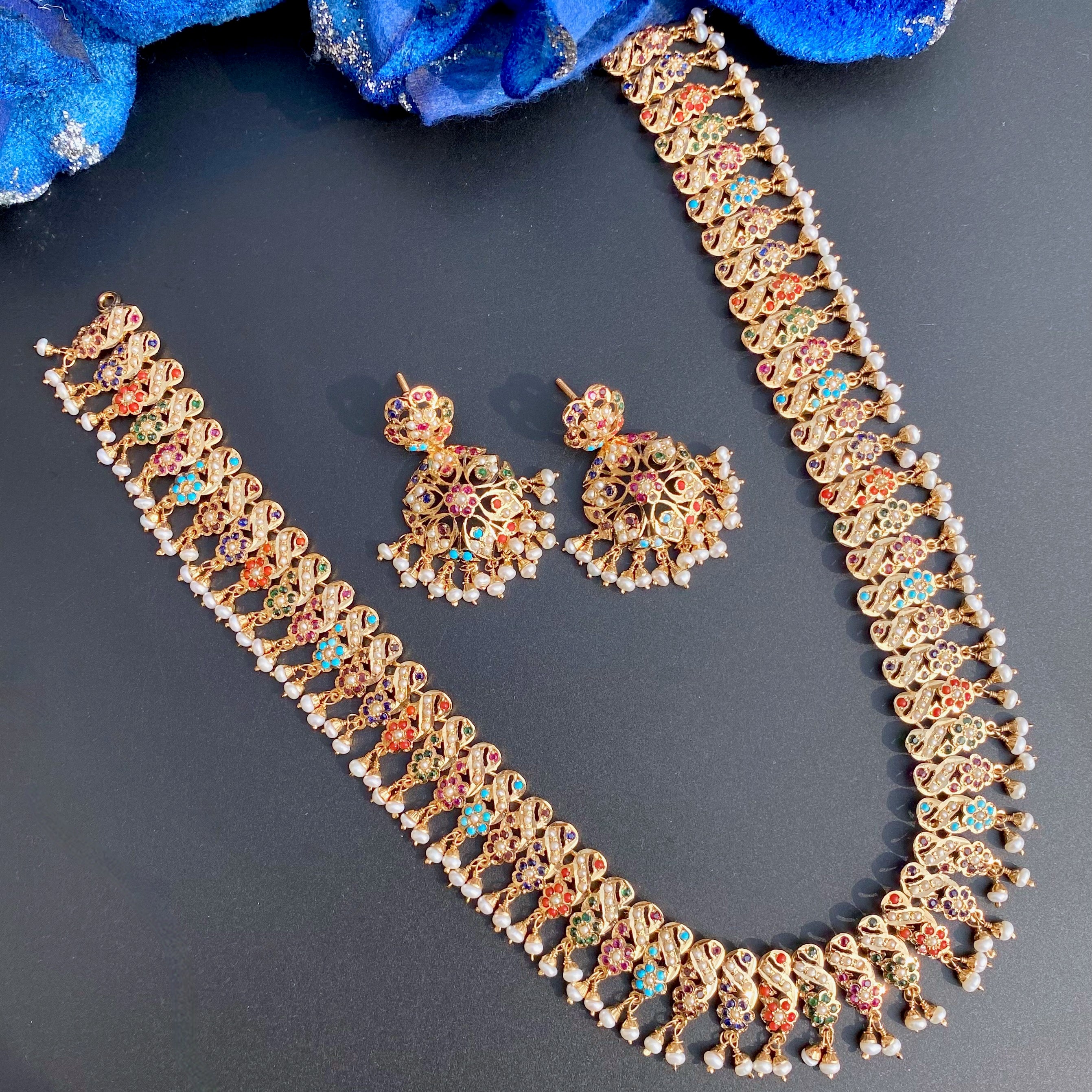 Long Navratna Necklace | Ethnic Indian Jewelry on Silver with Gold Plating NS 361