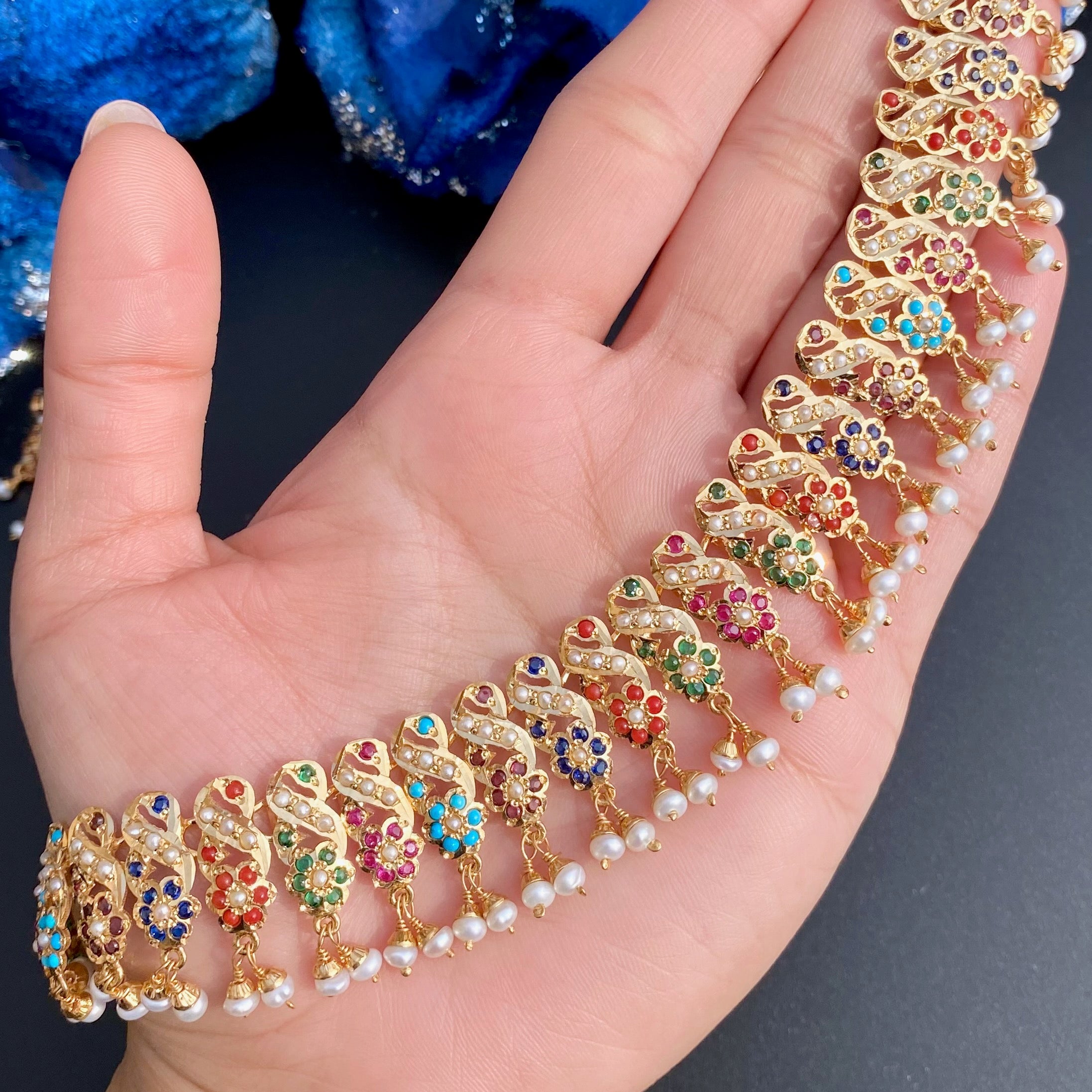 Long Navratna Necklace | Ethnic Indian Jewelry on Silver with Gold Plating NS 361