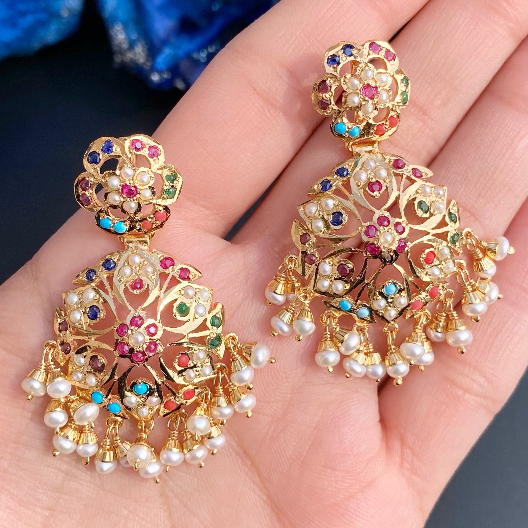 Long Navratna Necklace | Ethnic Indian Jewelry on Silver with Gold Plating NS 361