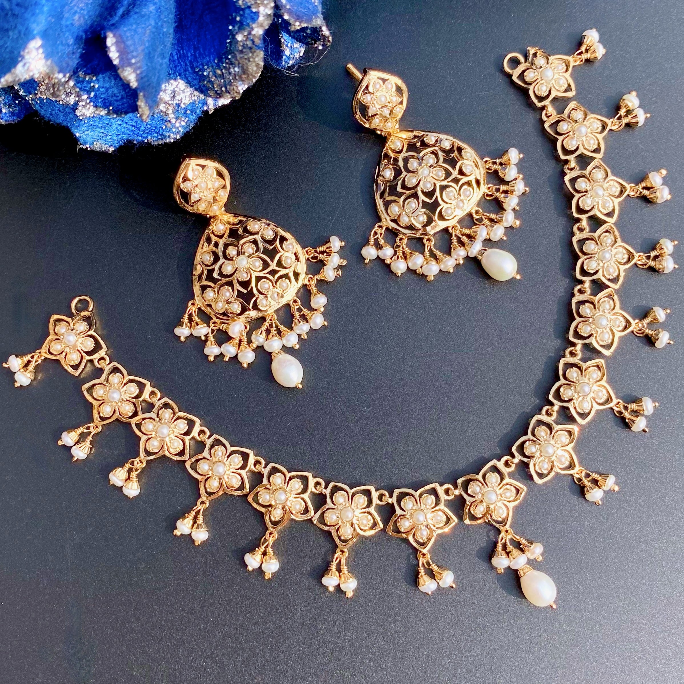 Unique Pearl Necklace Set | Dainty Design | Gold Plated on Silver NS 360