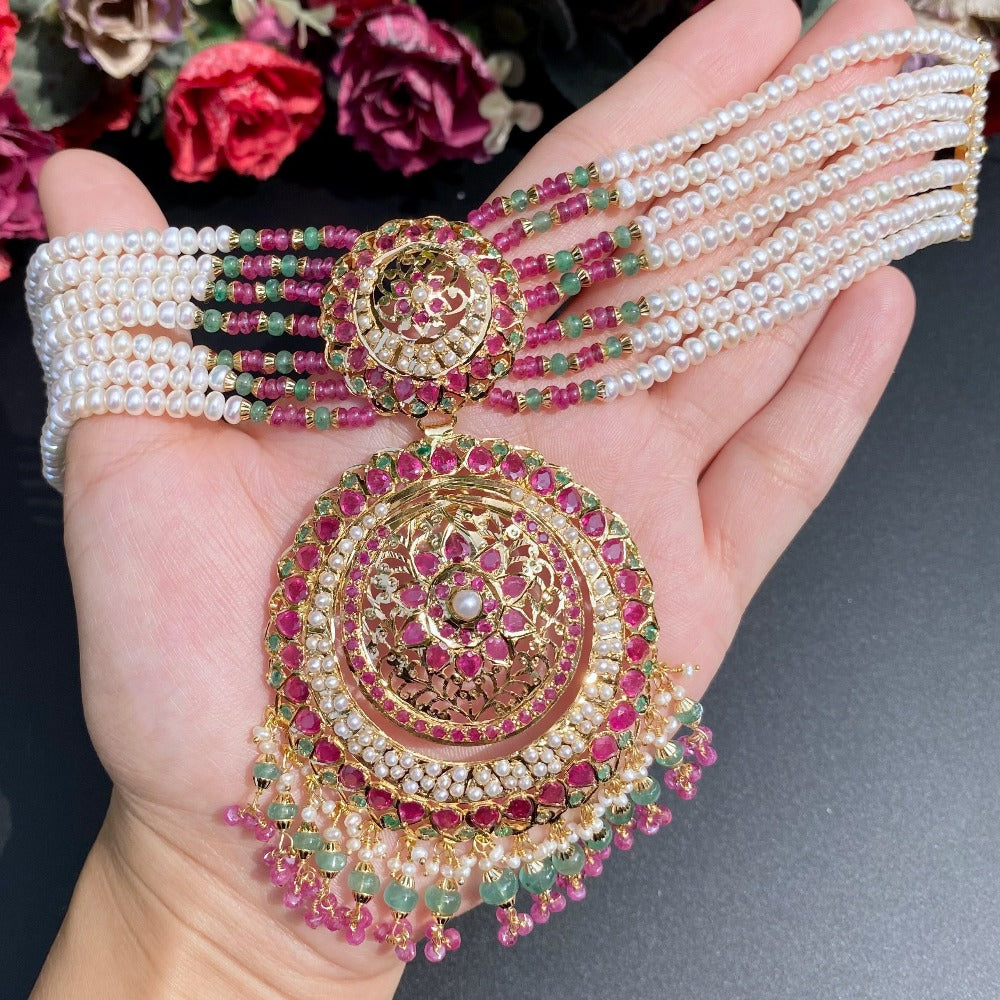 Bridal Mughal Design Choker Necklace Set in 22k Gold Studded with Ruby, Emerald & Pearls GNS 203