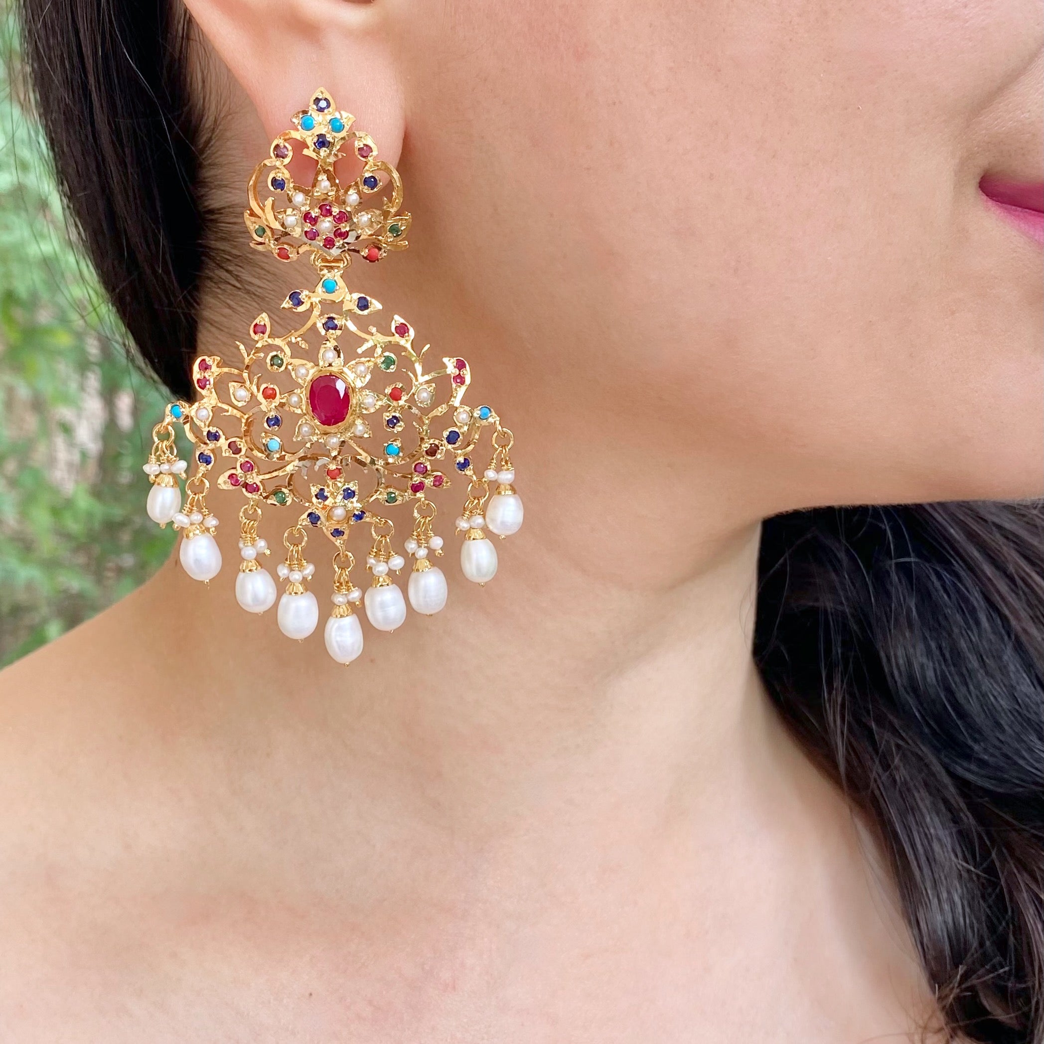 statement navratna earrings for women party wear punjabi earrings er 338e