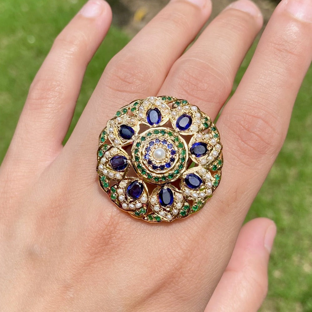 mughal era gold plated jarau ring in neelam and pearl