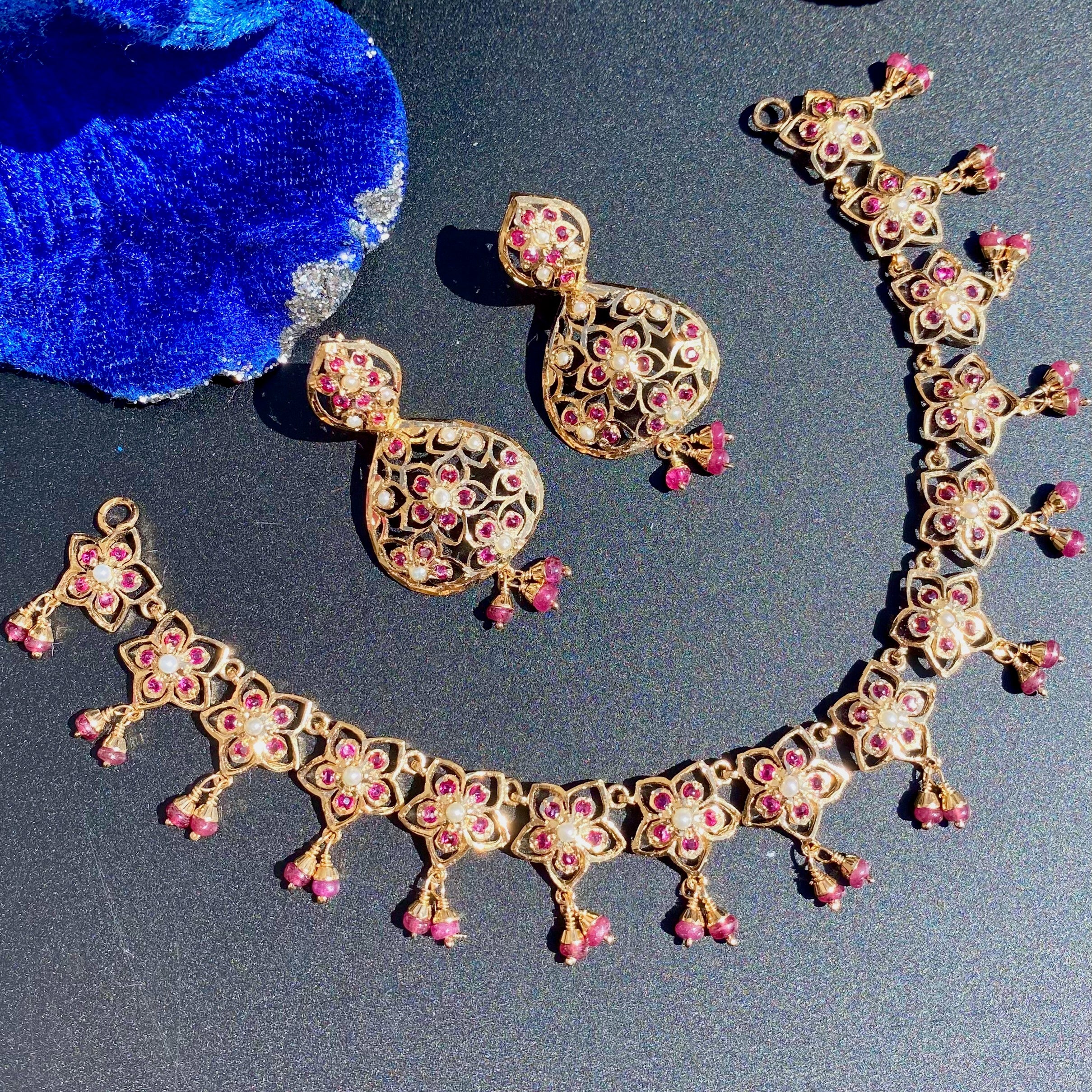 Modern Jadau Necklace Set | Ruby Red Stones & Pearls Studded NS 362