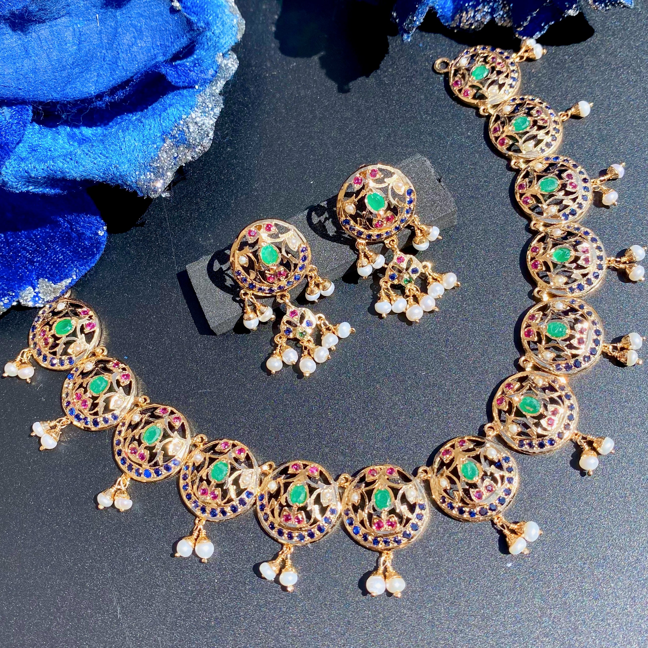 Multicoloured Women's Necklace Set | Exquisite Gold Plated Jadau Jewelry Online NS 363