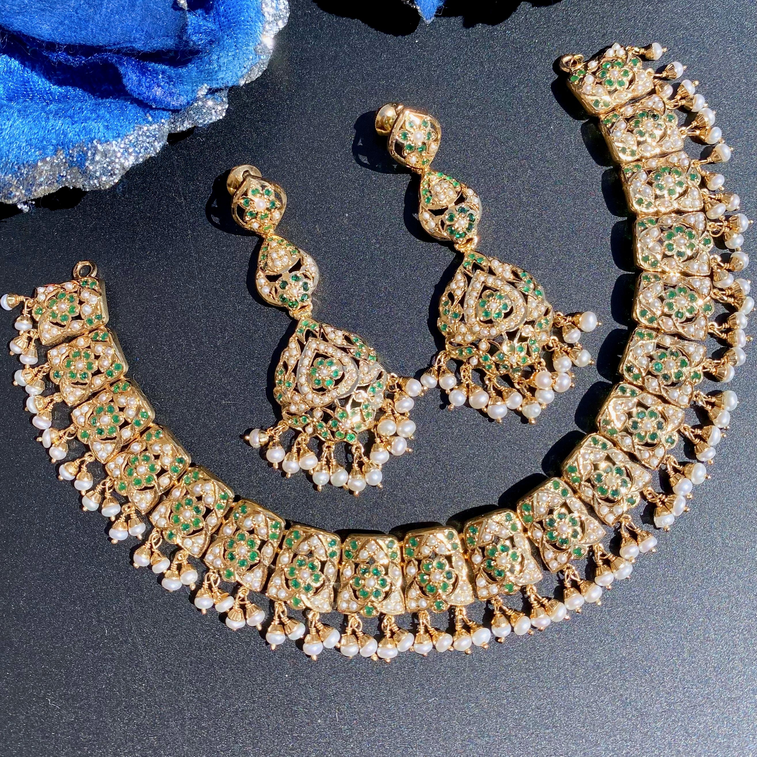 Pearl and Emerald Necklace Set | Jadau Set on Gold Plated Silver NS 371