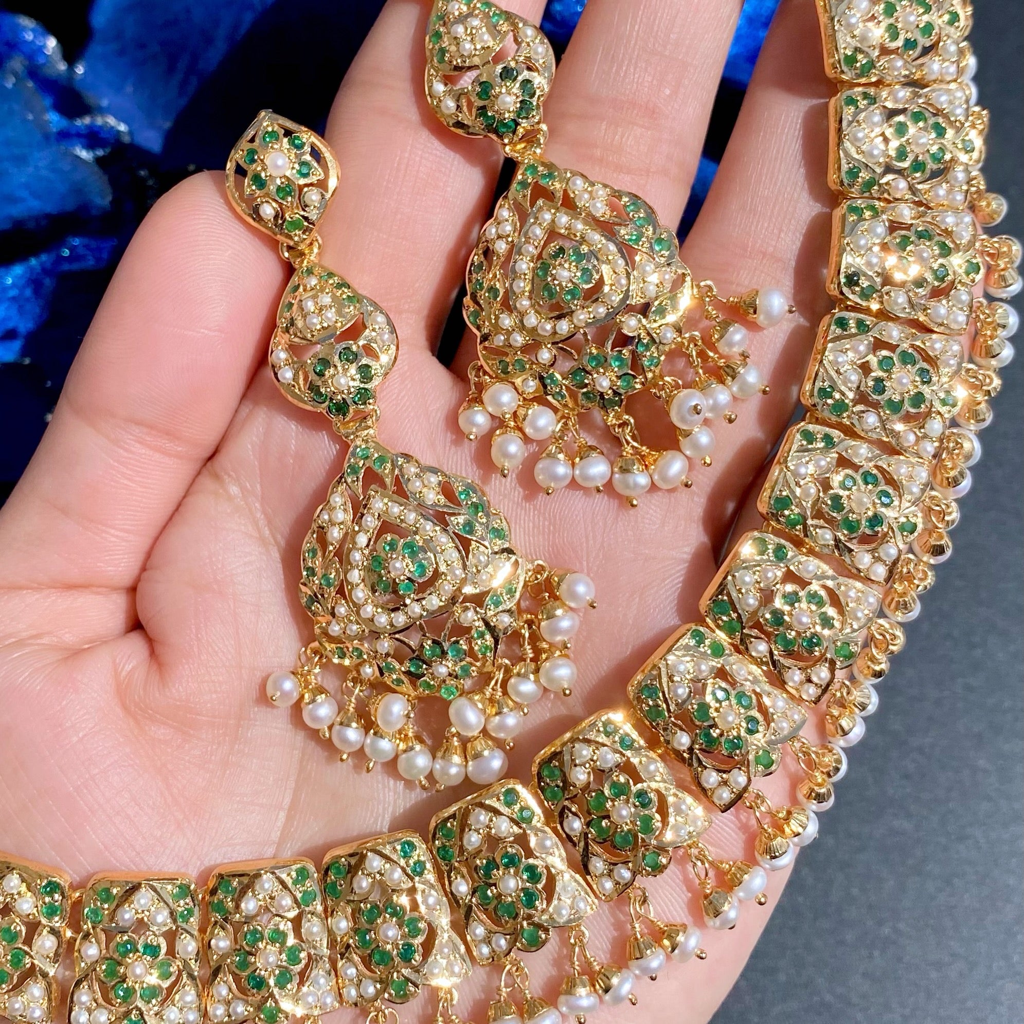 Pearl and Emerald Necklace Set | Jadau Set on Gold Plated Silver NS 371