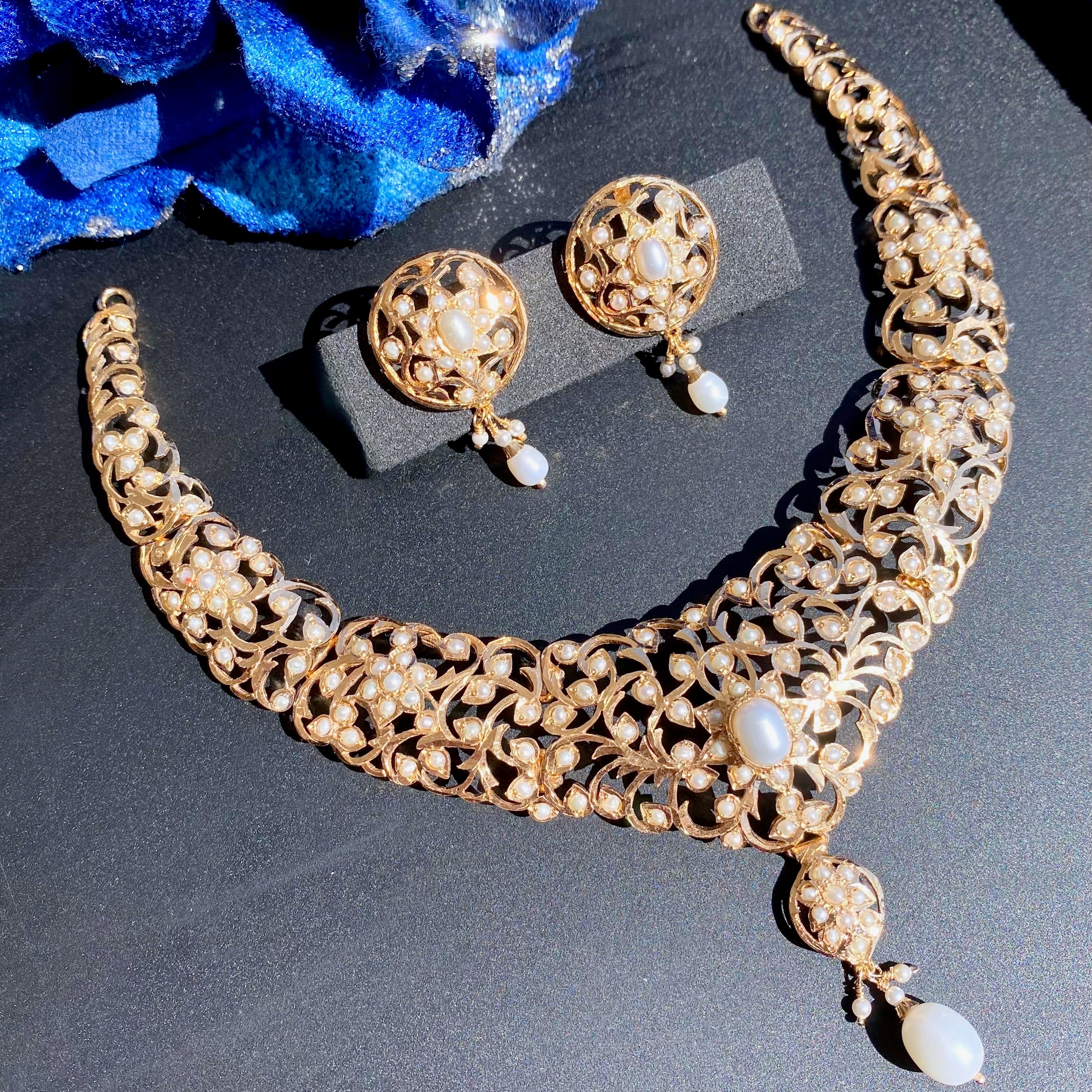 Antique Style Pearl Necklace Set | Edwardian Design | Gold Plated on Silver NS 369