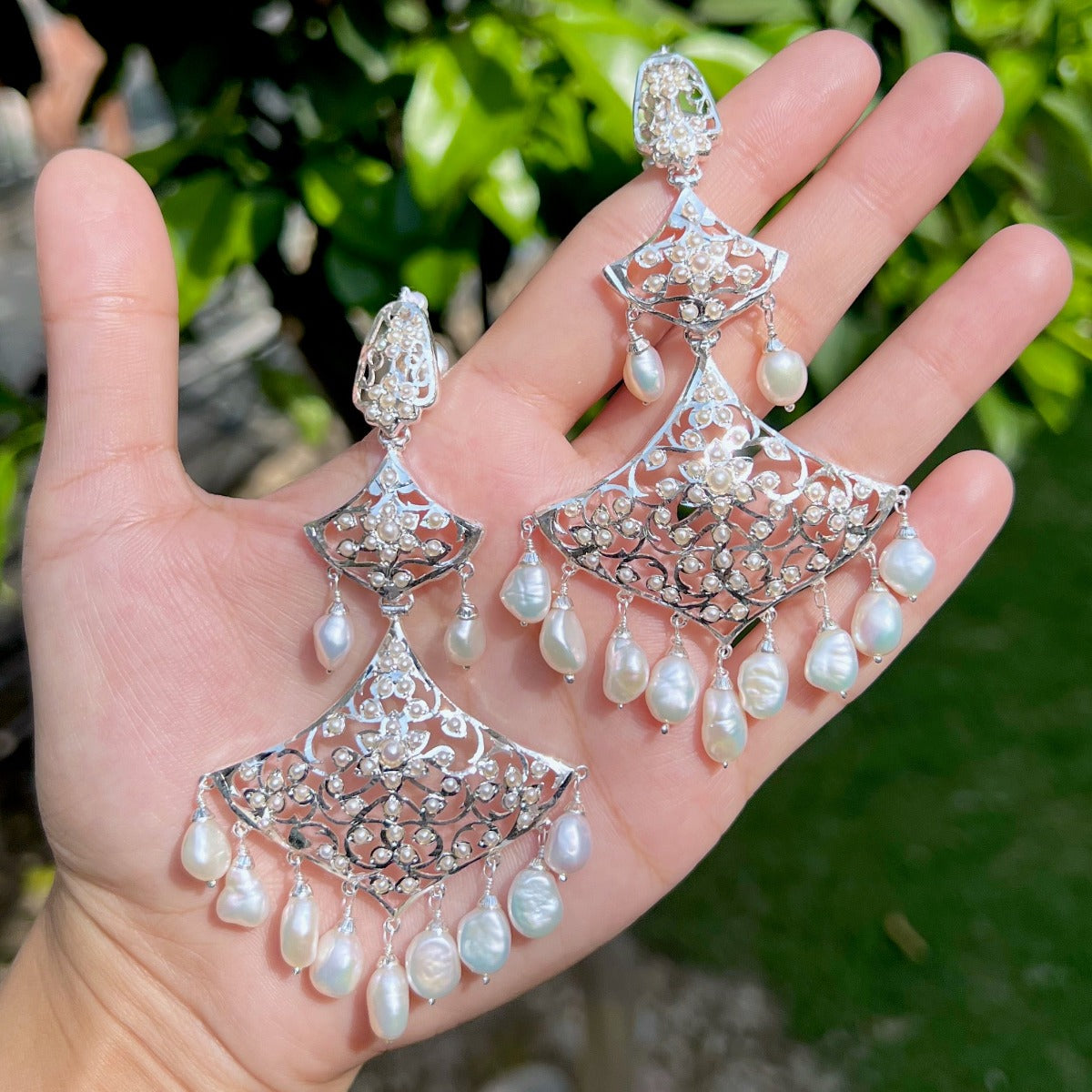 Pearl & Silver Danglers | Indo-Western Design , Chandelier Earrings