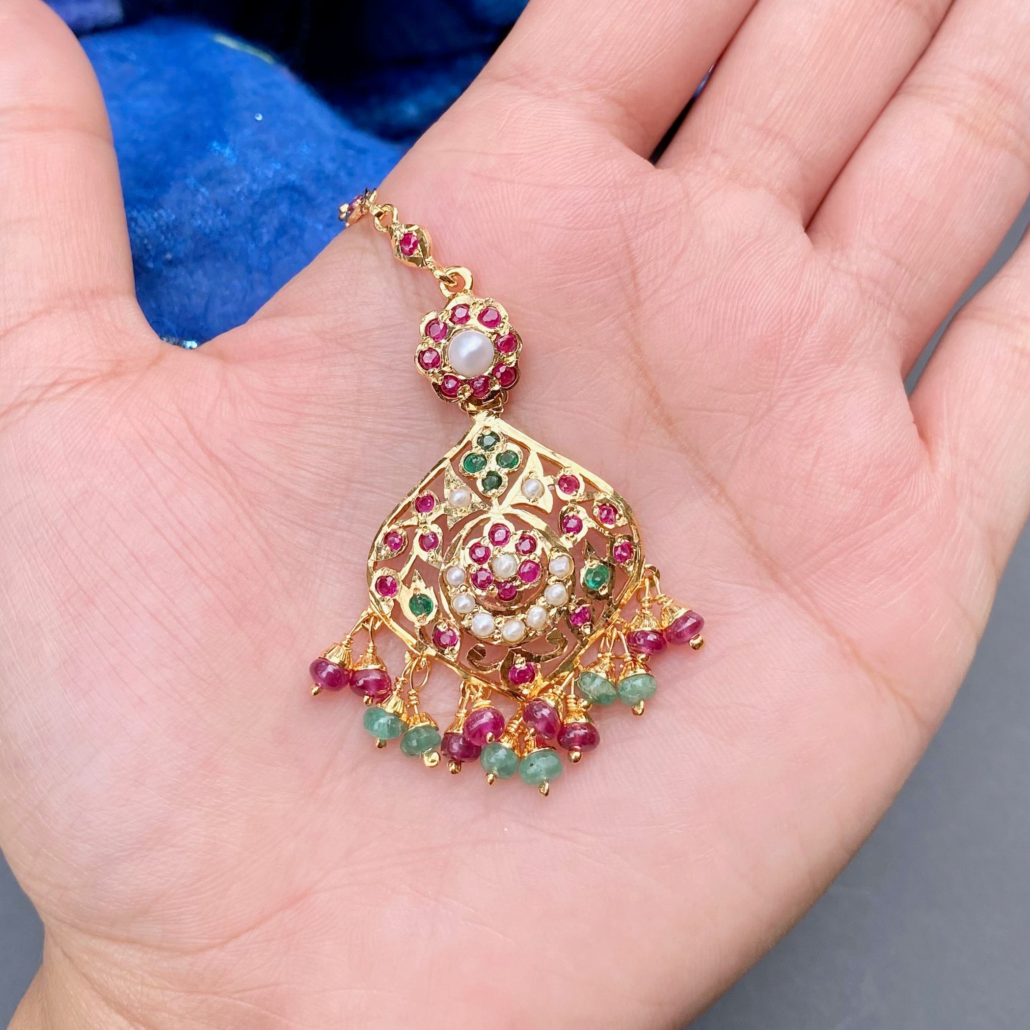 Small Jadau Maang Teeka | Ruby Emerald Pearl Teeka Online TK 077