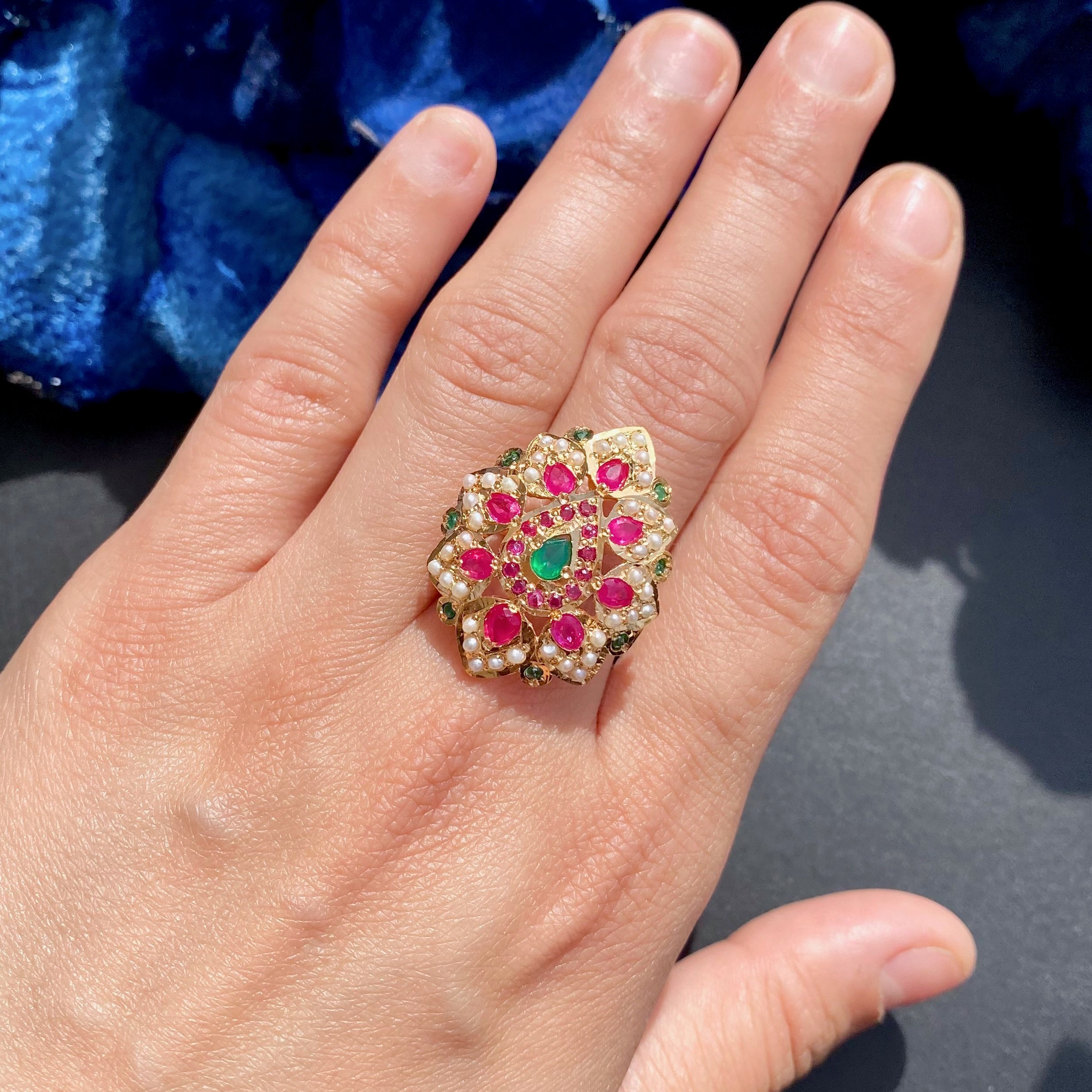 Ruby Emerald Ring For Women | 925 Silver Gold Plated | Premium Jadau Ornaments For Gifting LR 085