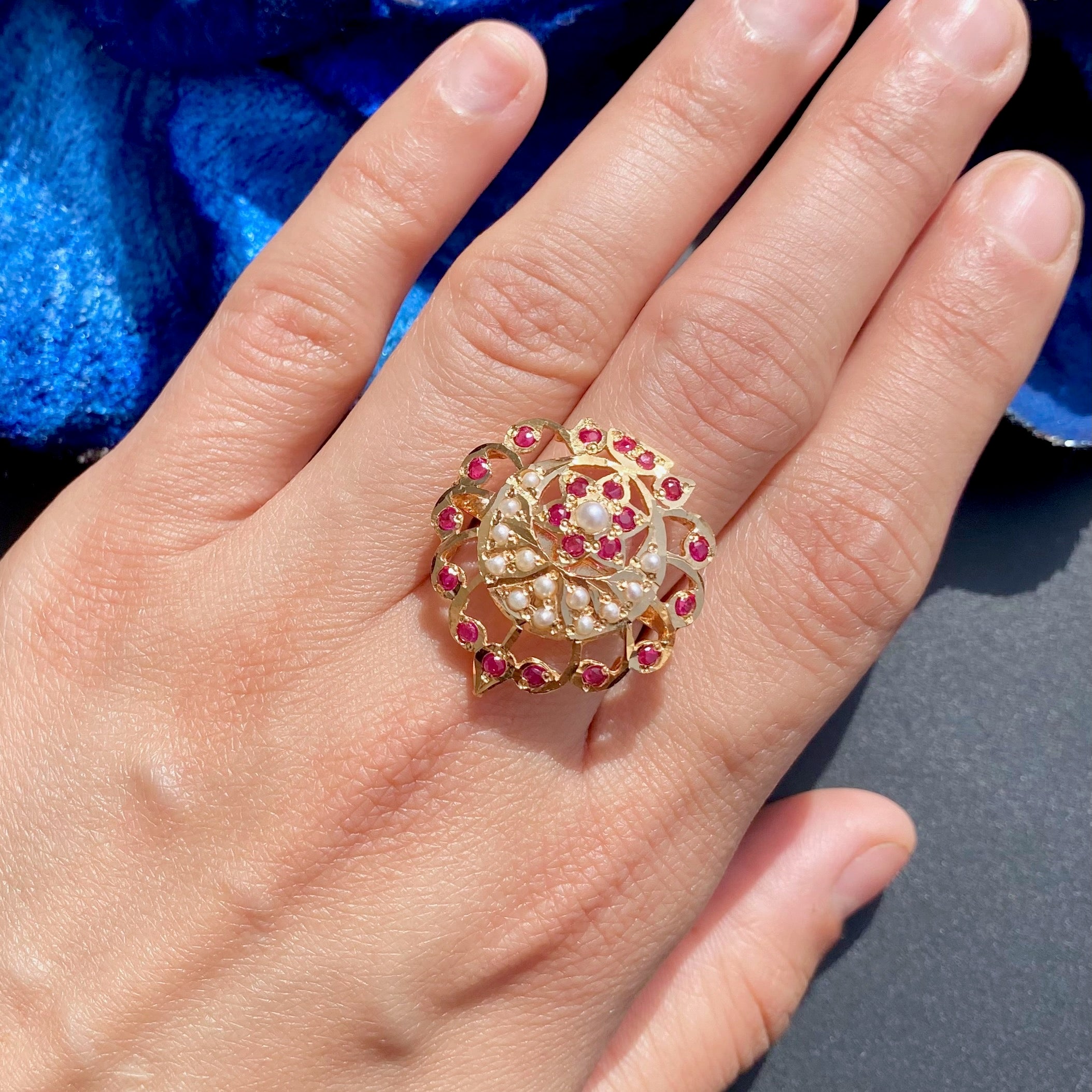 Gold Plated Ladies' Ring | Exquisite Jadau Jewelry Online | Ruby Red & Pearls LR 087