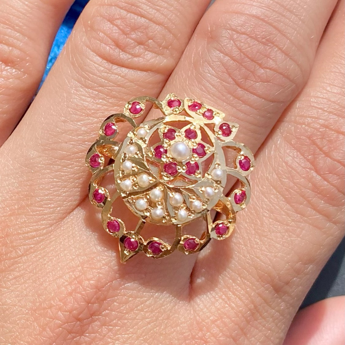 Gold Plated Ladies' Ring | Exquisite Jadau Jewelry Online | Ruby Red & Pearls LR 087