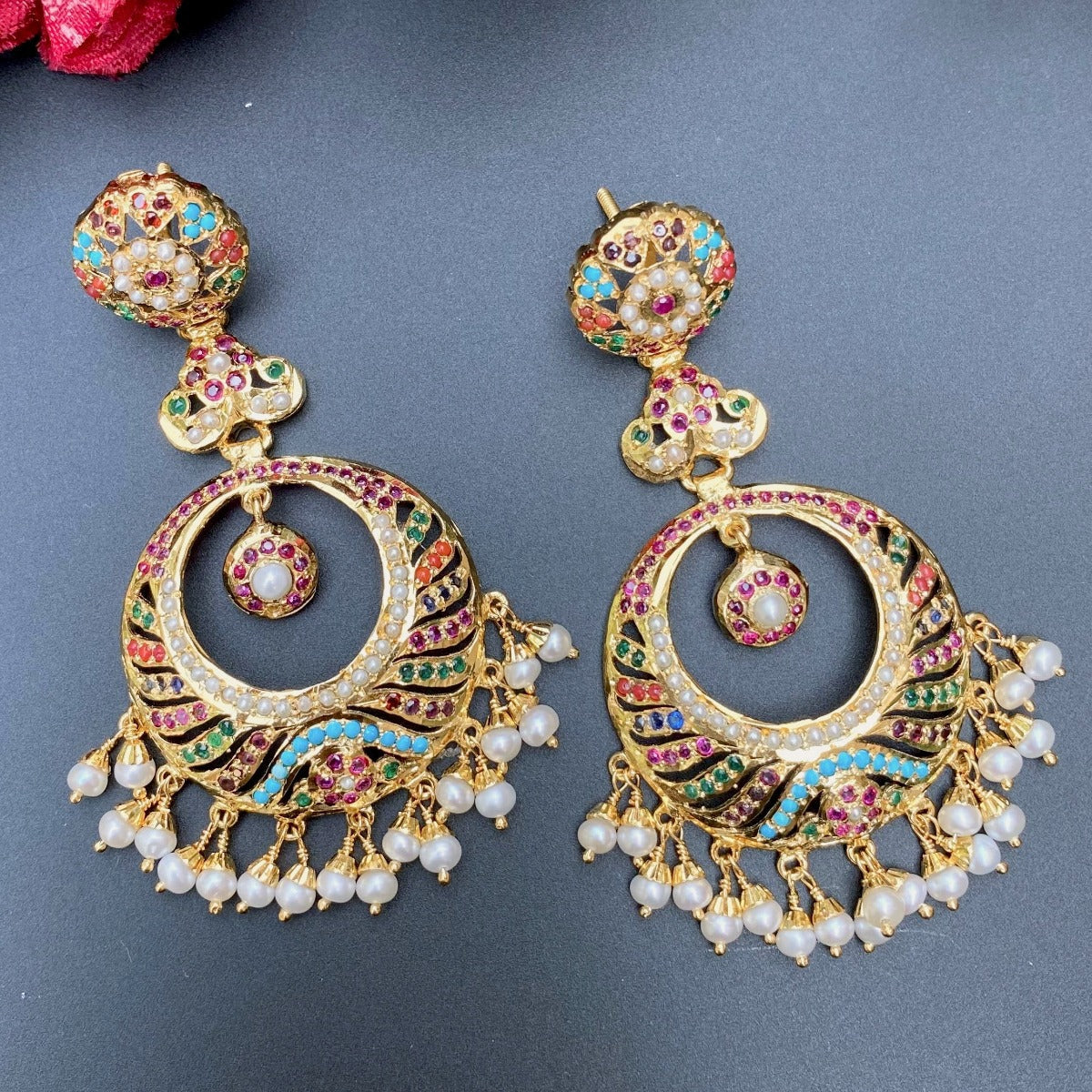 Gold Plated Navratan Chandbalis | Sterling Silver with Gold Plating ER 411B