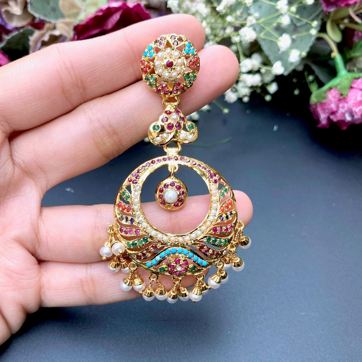 Gold Plated Navratan Chandbalis | Sterling Silver with Gold Plating ER 411B