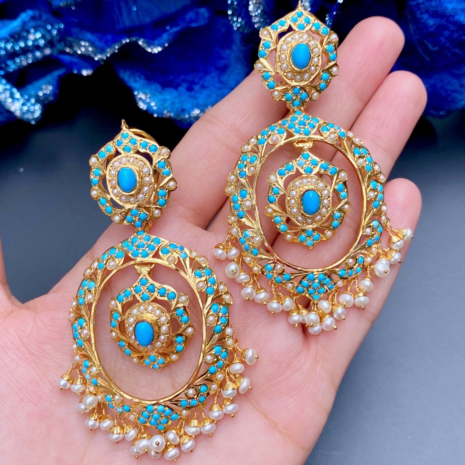 big statement turquoise and pearl chandbali