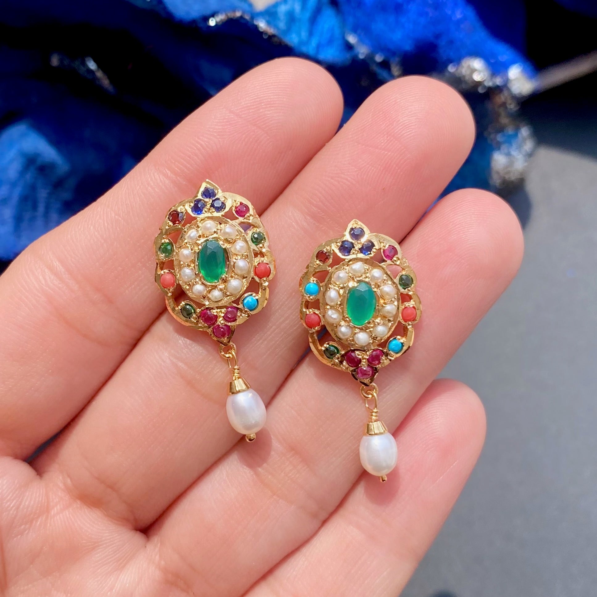Navaratna Tops For Women | Gold Plated on Silver | Jadau Earrings ER 499