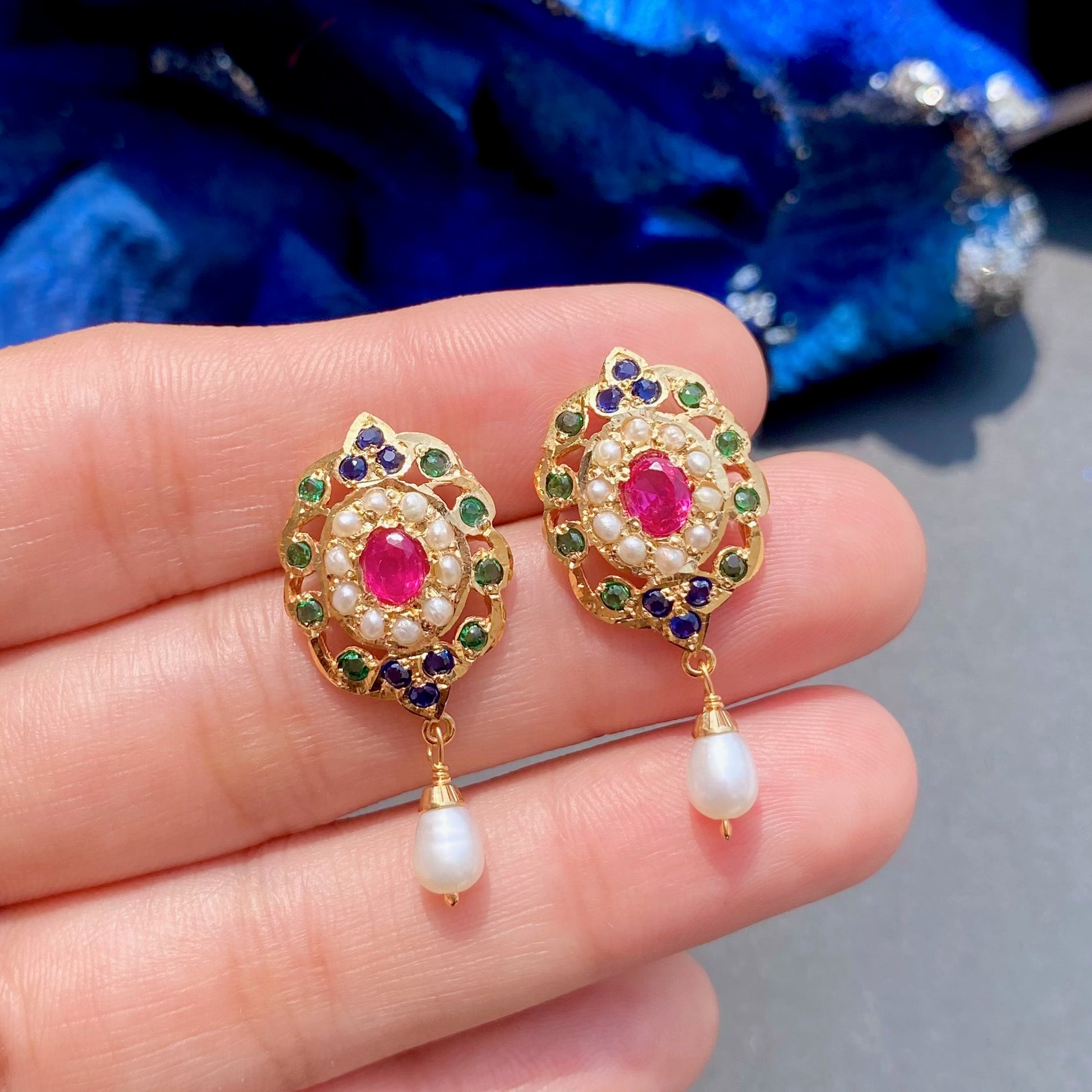 Colorful Women's Tops | Gold Plated on Silver | Jadau Jewelry ER 498