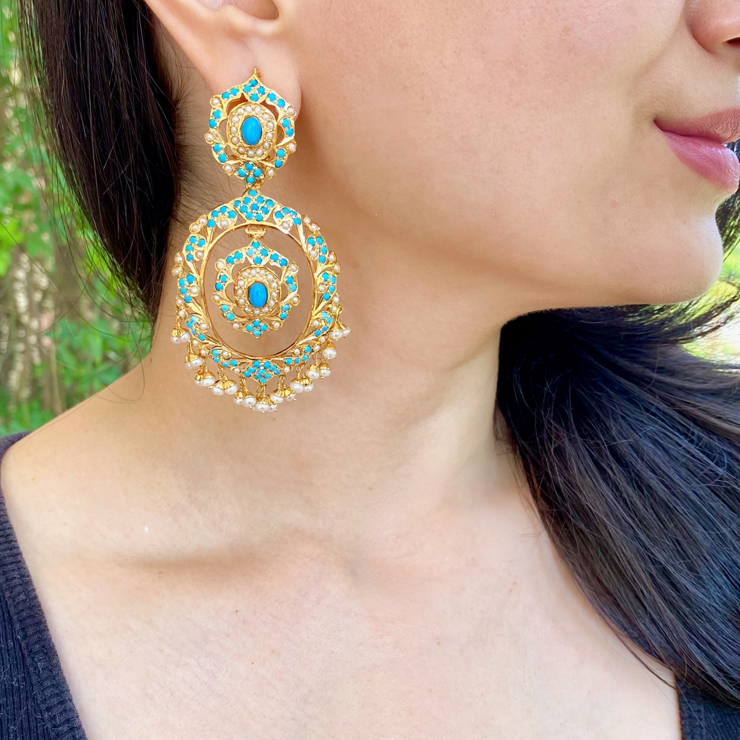 Large Chandbali Earrings | Pearl & Feroza Combination | 925 Sterling Silver with Gold plating