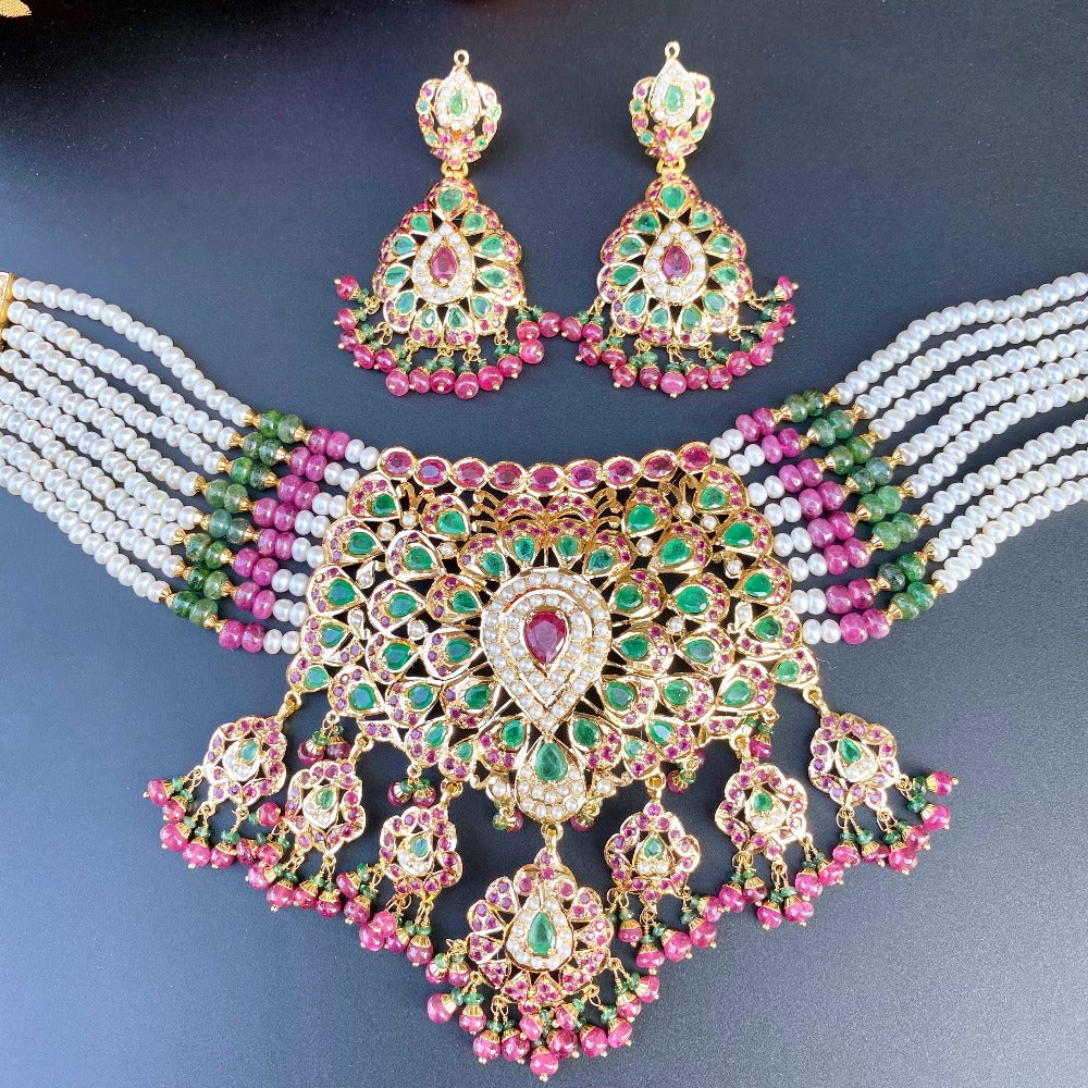 Mughal Jadau Choker Set in 22ct Gold Studded with fine emeralds, rubies and pearls GNS 113
