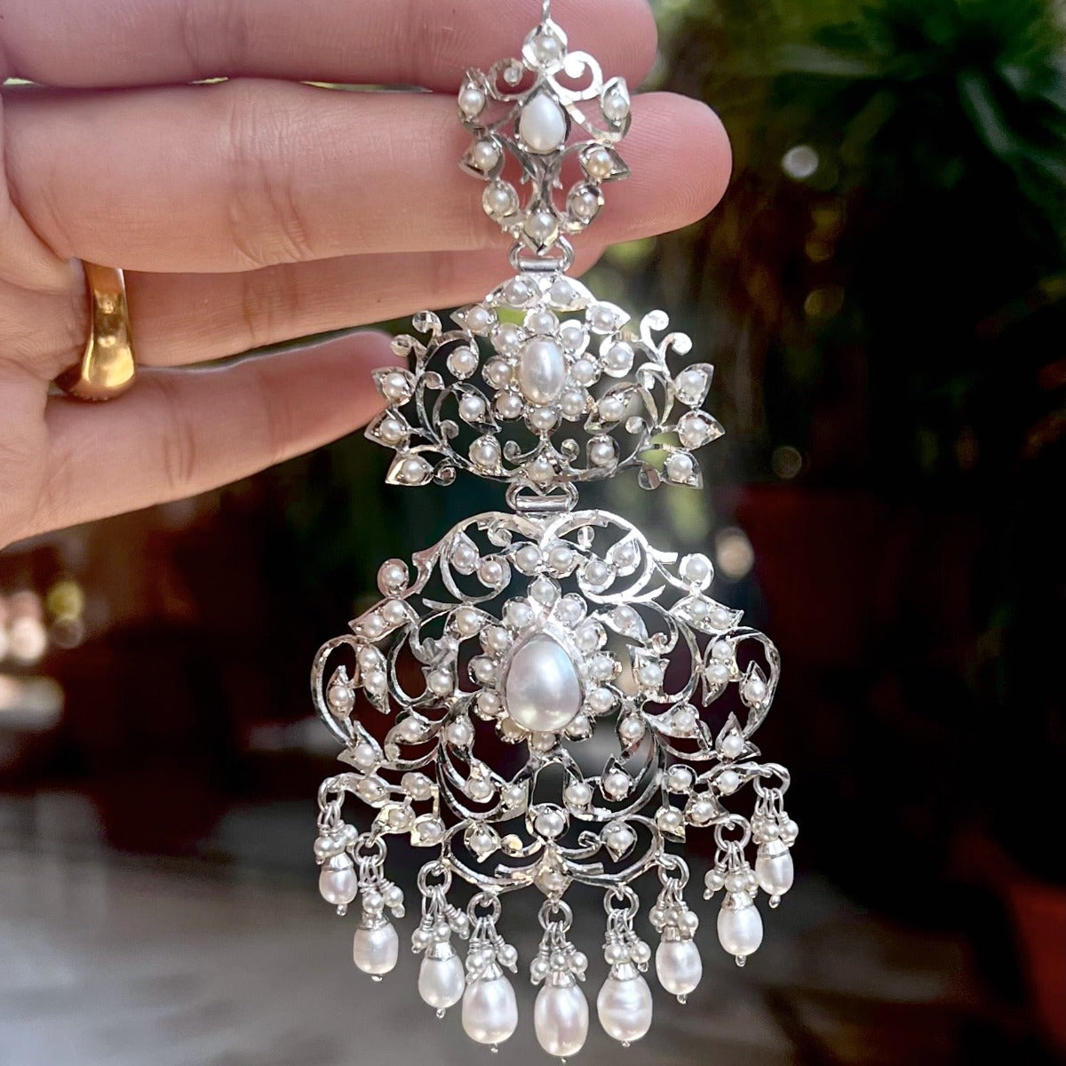 edwardian seen pearl chandelier earrings on sterling silver