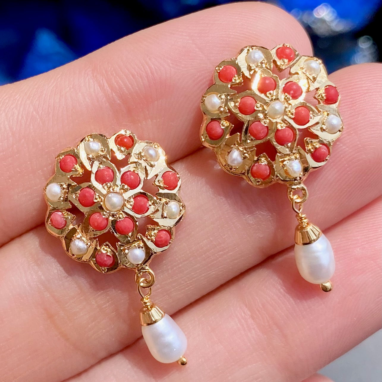 Small Round Coral Stud Earrings Gold Plated Silver Jewelry ER 528